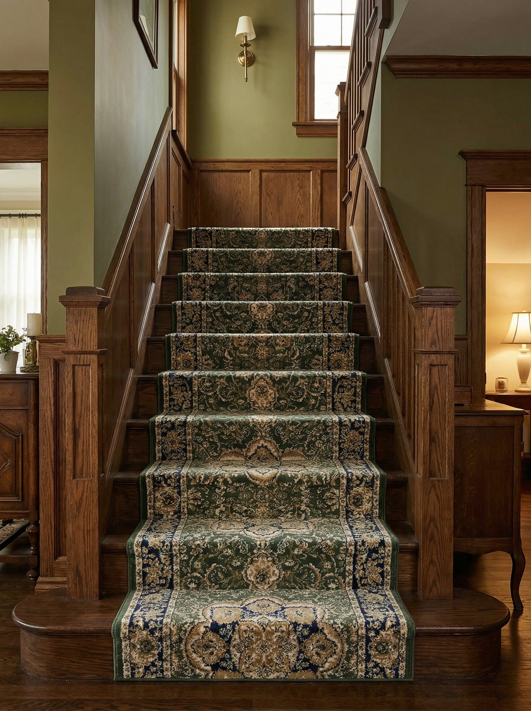 Tapis vert foncé à motifs floraux et ornementaux beige et bleu posé sur un escalier en bois, dans un hall d'entrée