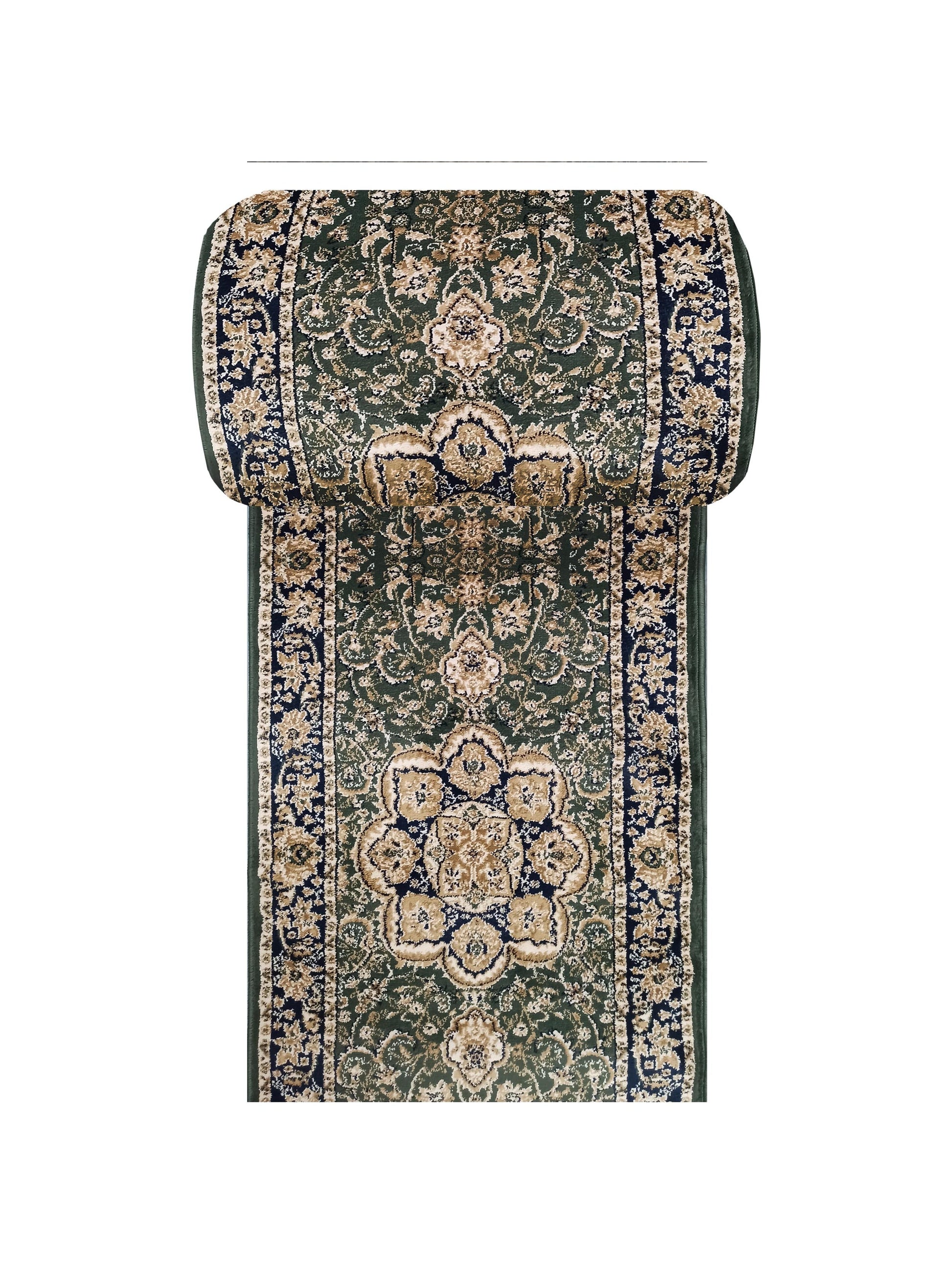 Tapis roulé avec motifs floraux classiques verts, bleus et beiges, dévoilant un design central élégant