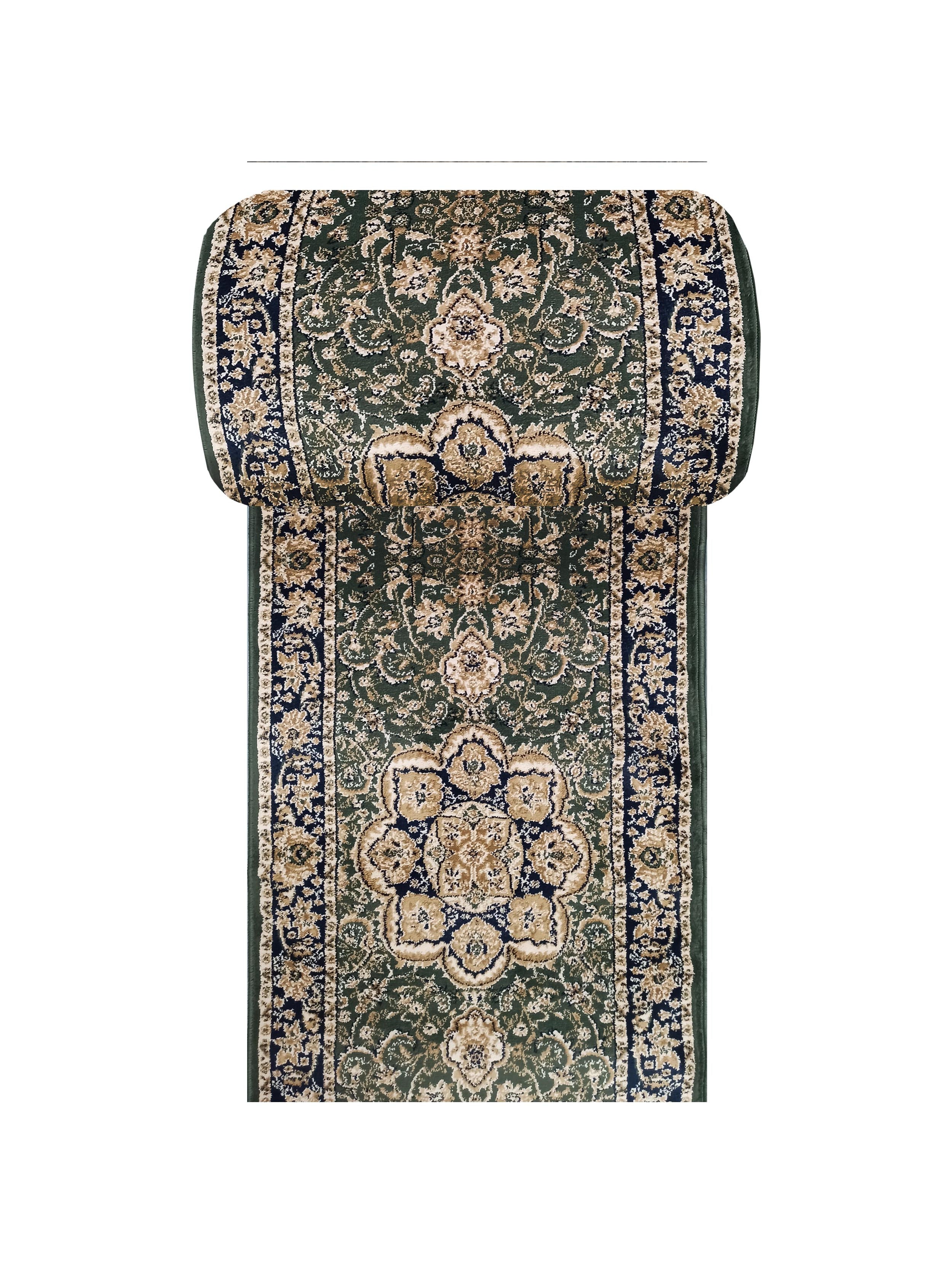 Tapis roulé avec motifs floraux classiques verts, bleus et beiges, dévoilant un design central élégant