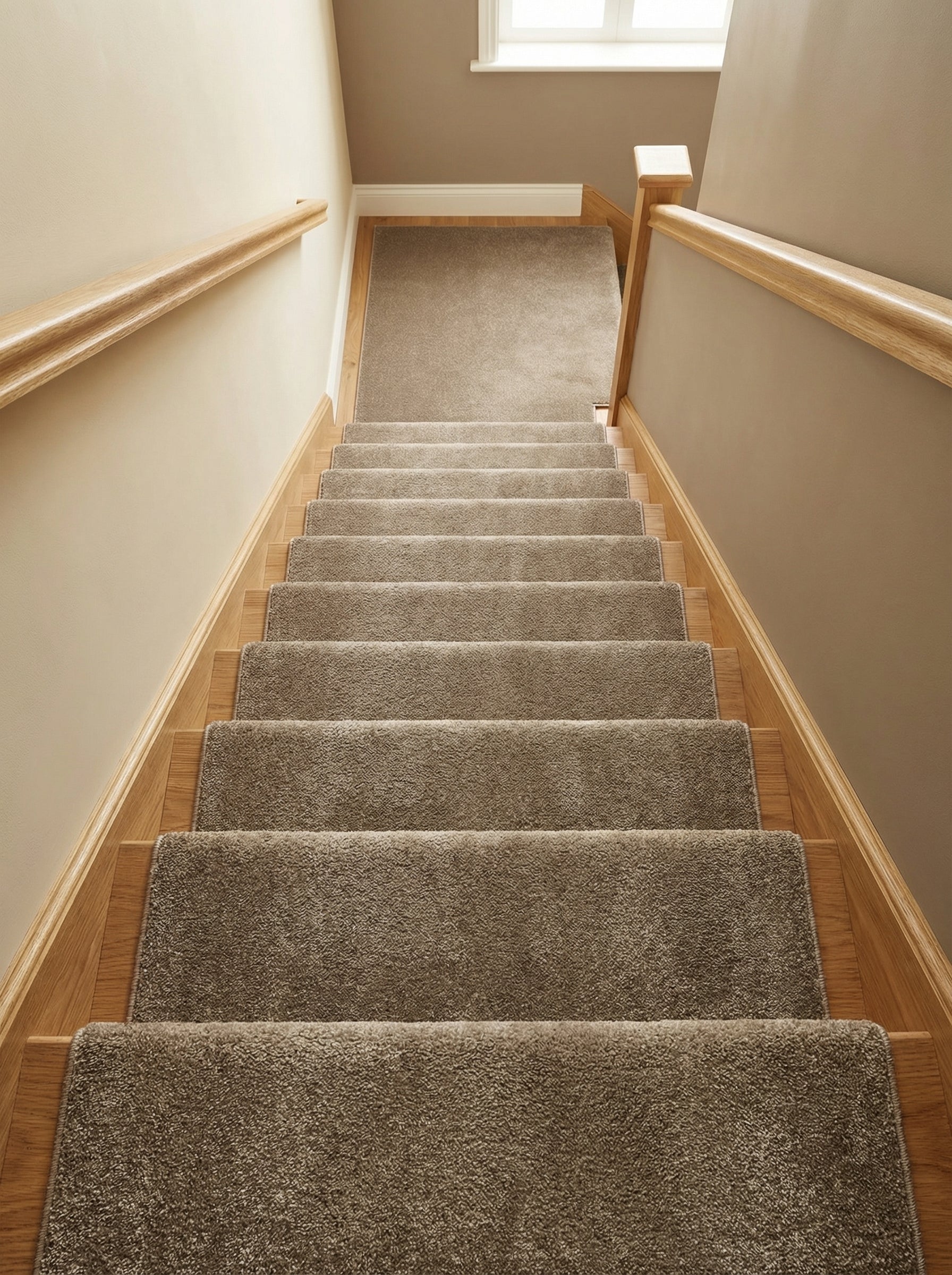 Tapis d'escalier en moquette bouclée beige-taupe sur marches en bois clair, avec rampes, dans un hall lumineux