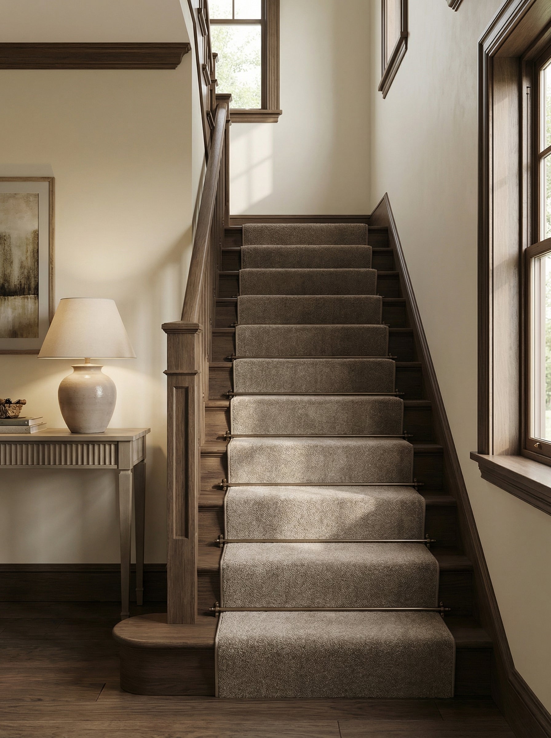 Coureur d'escalier beige sable texturé, fixé par des barres métalliques, recouvrant des marches en bois dans un hall d'entrée