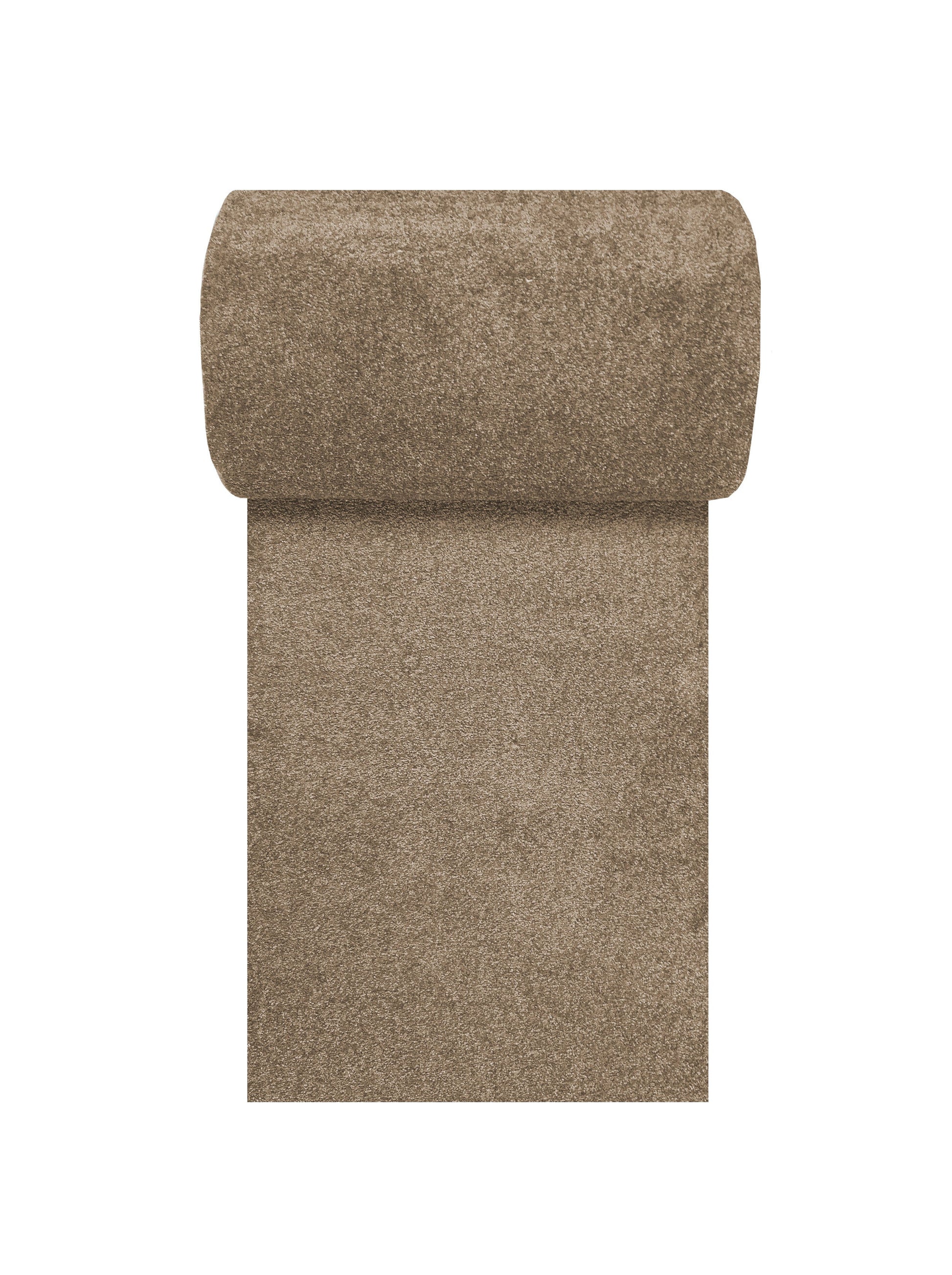 Tapis beige avec une texture moelleuse et dense, en partie déroulé, révélant sa surface unie