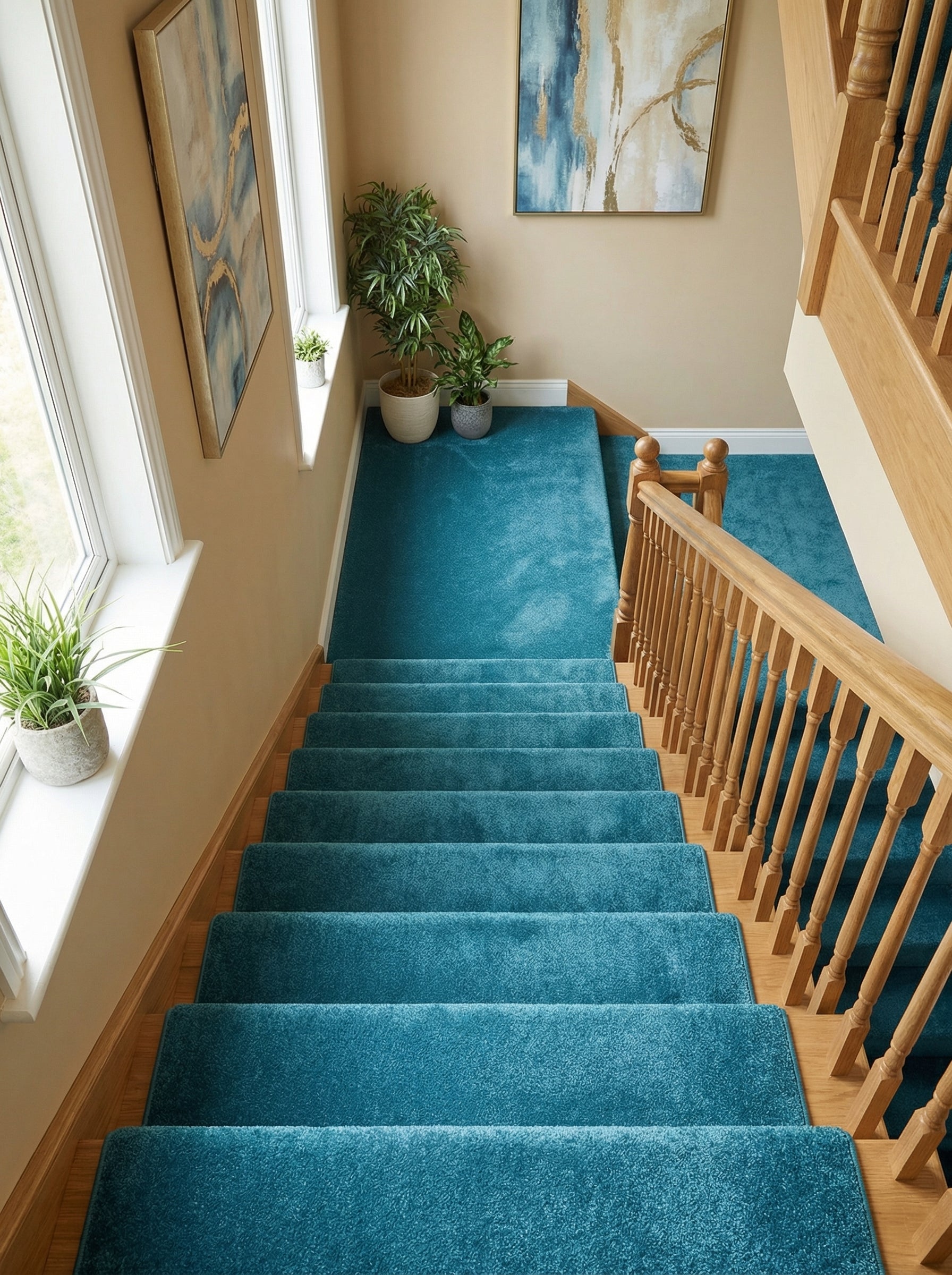 Tapis de couloir bleu-vert à la texture veloutée recouvrant un escalier et un palier en bois clair, dans un hall d'entrée