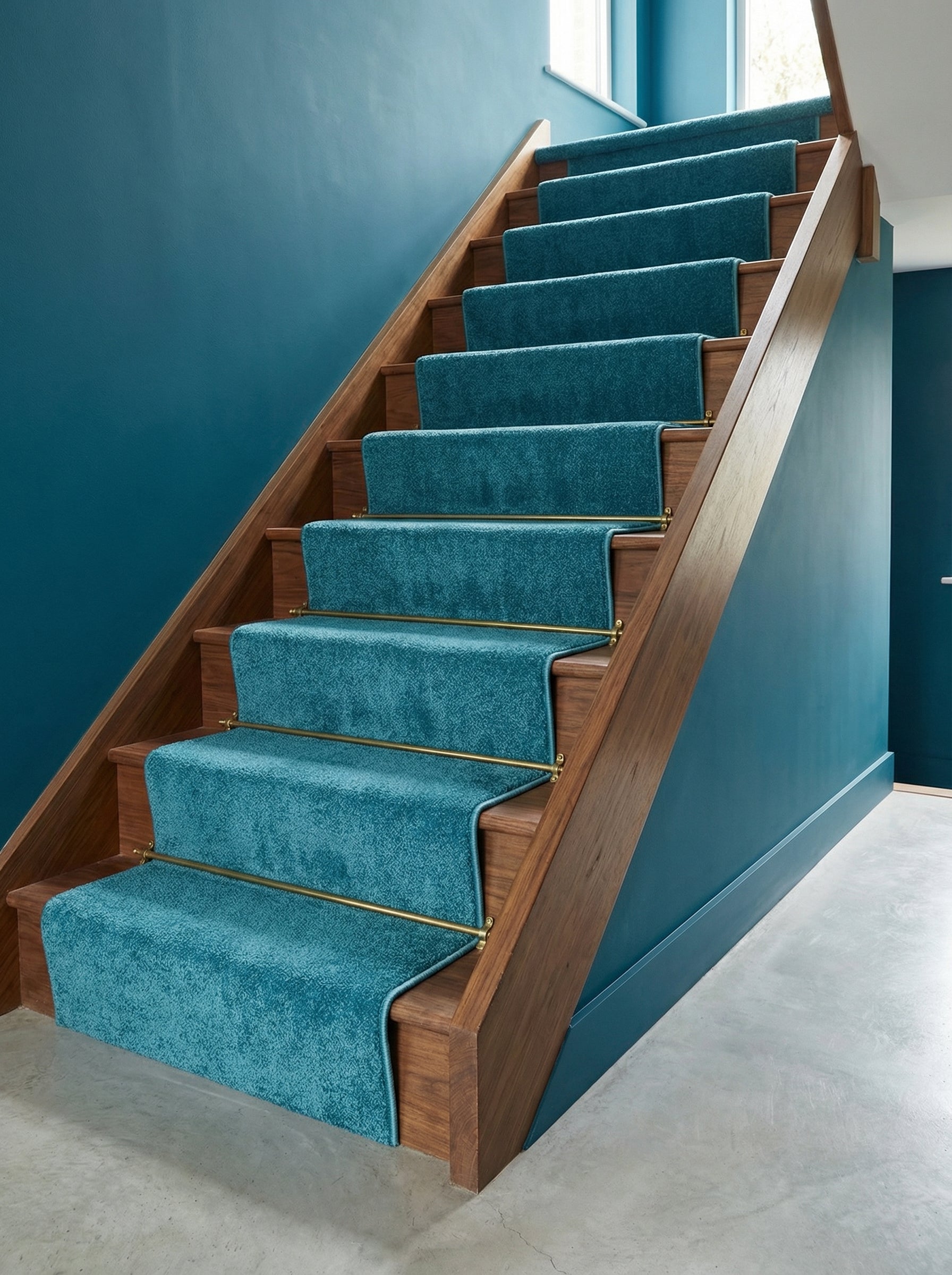 Tapis d'escalier moelleux bleu sarcelle avec des barres dorées sur des marches en bois foncé, dans une cage d'escalier moderne