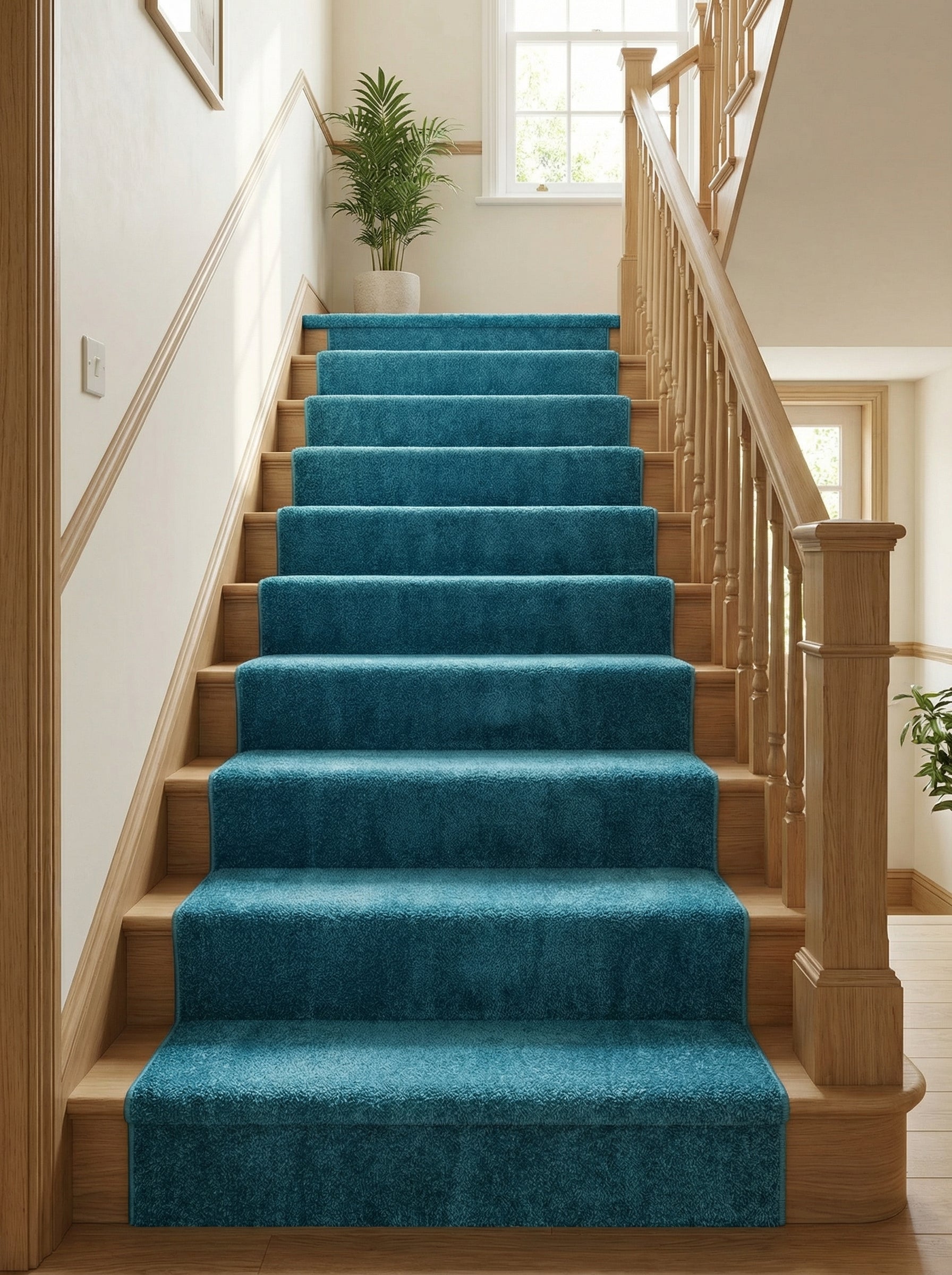 Tapis de couloir bleu canard texturé recouvrant les marches d'un escalier en bois clair, dans une entrée lumineuse