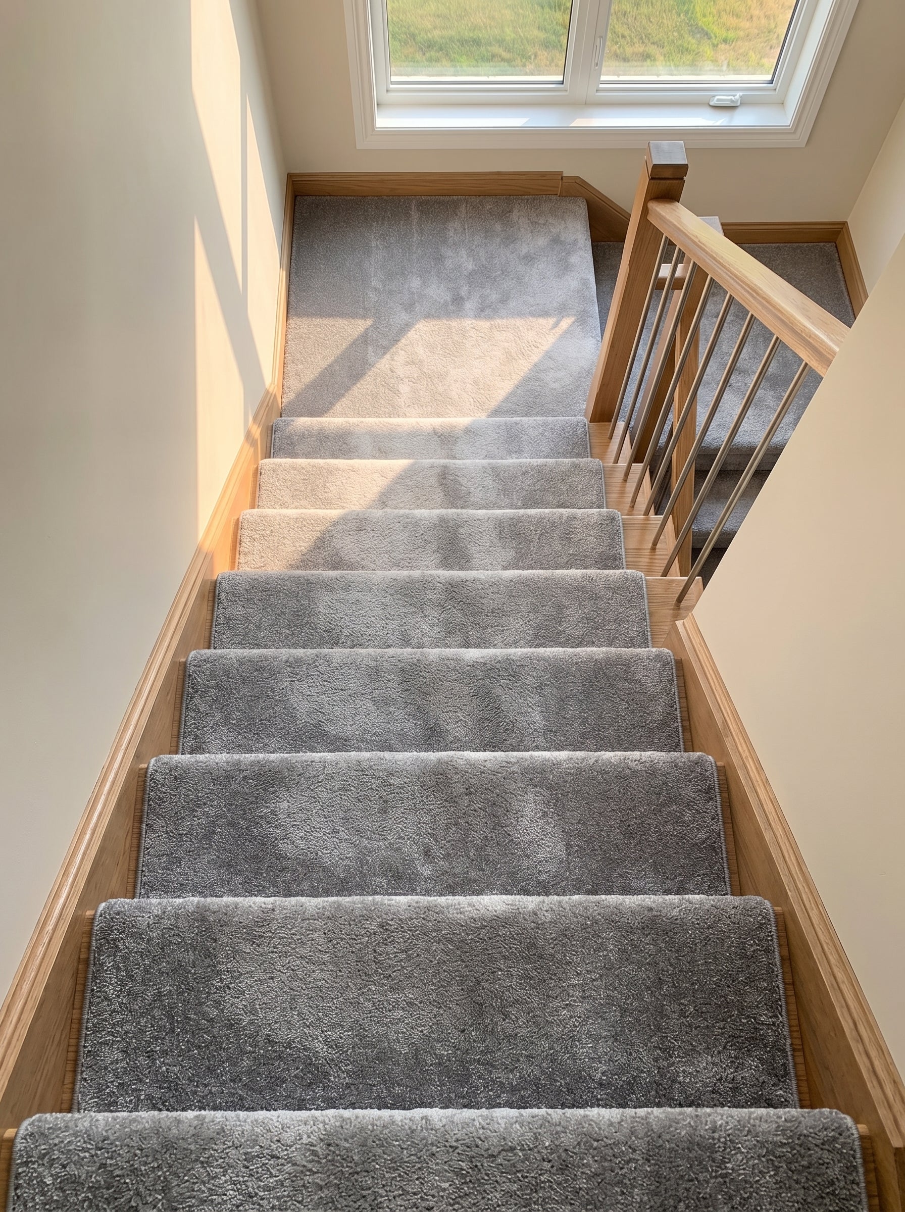 Tapis d'escalier gris clair et texturé, recouvrant des marches en bois clair dans un intérieur lumineux