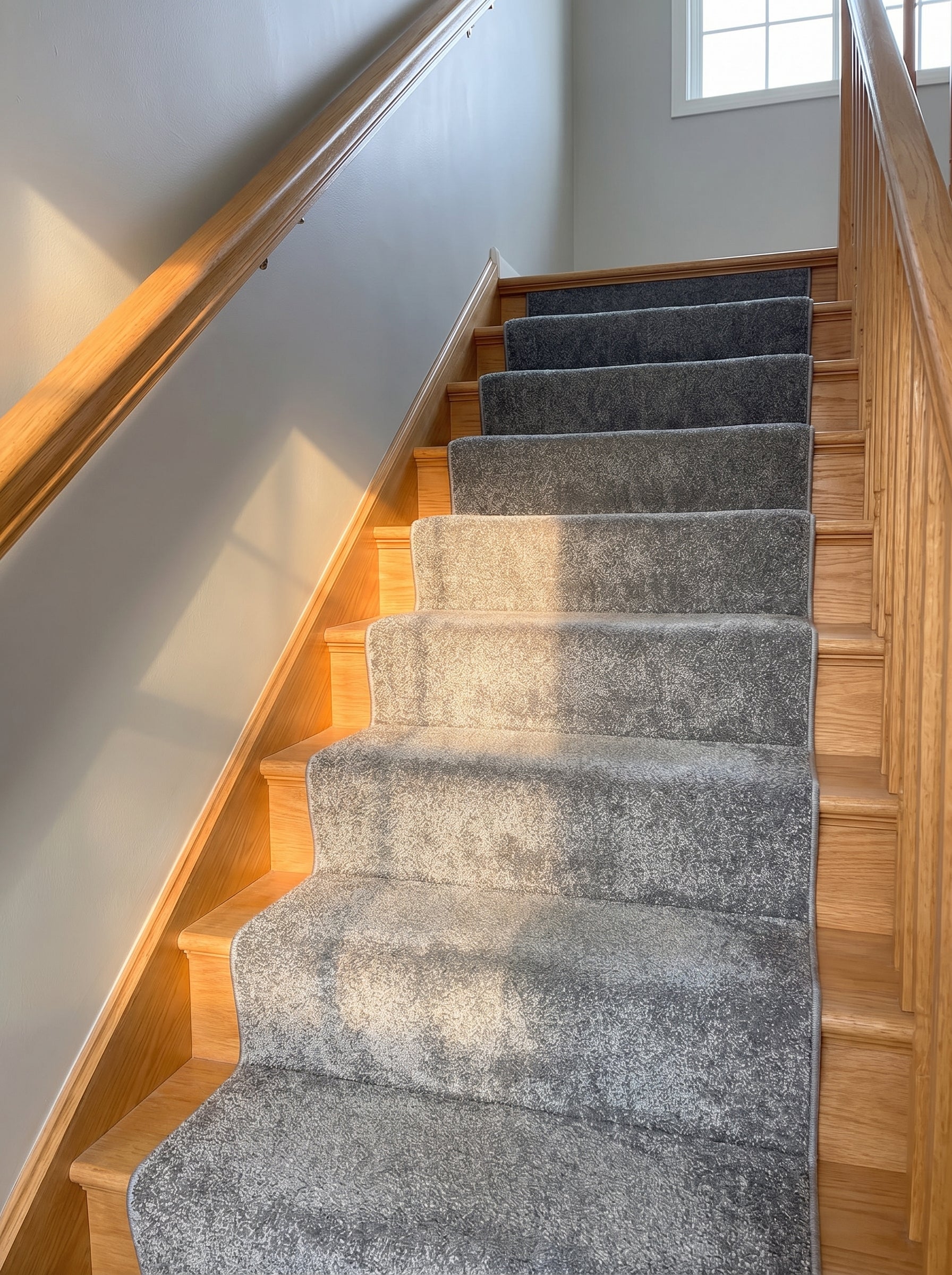 Tapis d'escalier gris chiné à la texture mouchetée, recouvrant des marches en bois clair d'un escalier d'entrée
