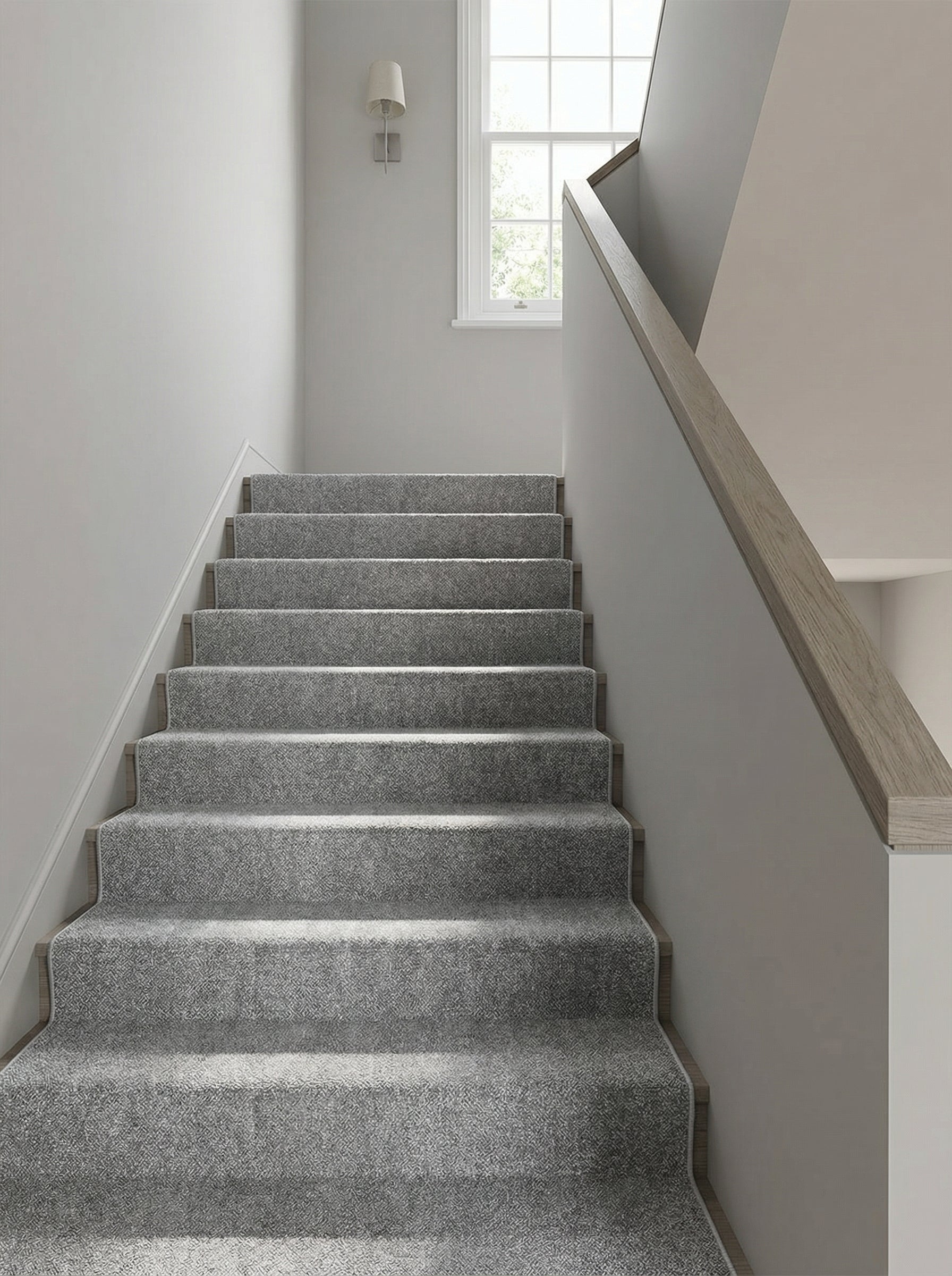 Tapis d'escalier gris chiné à motifs géométriques discrets, descendant le long d'une cage d'escalier lumineuse