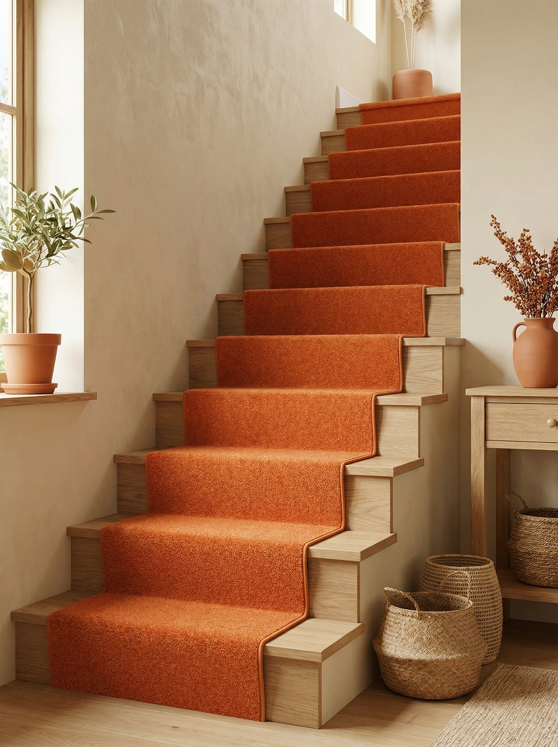 Long tapis d'escalier orange vif à motif moucheté, posé sur des marches en bois clair, dans un hall d'entrée