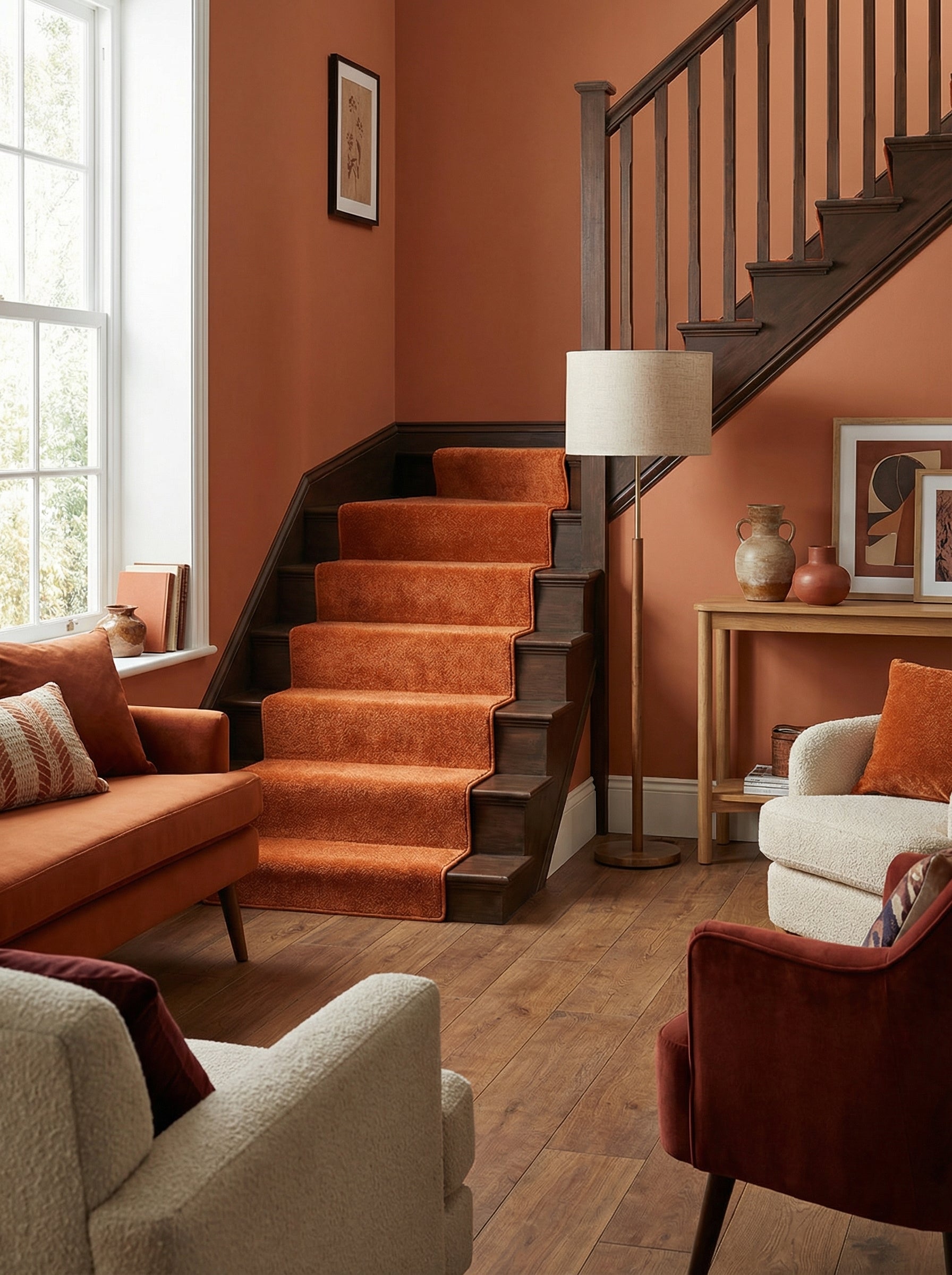 Tapis d'escalier orange terre cuite à motifs subtils, en textile moelleux, habillant les marches d'un salon