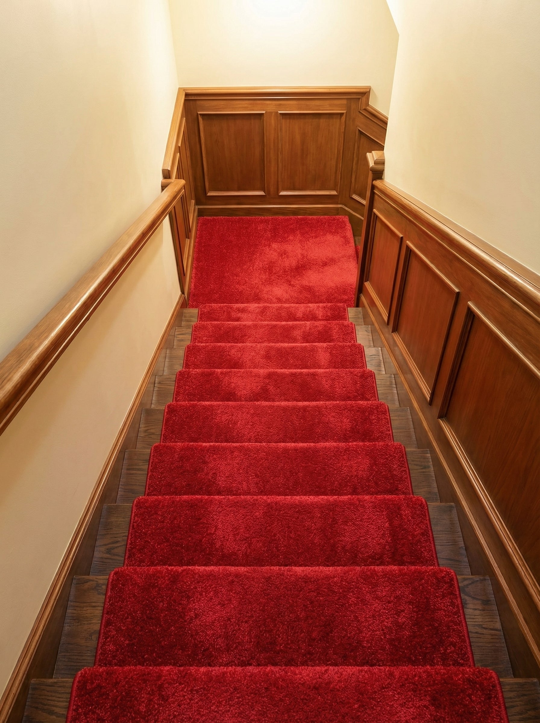 Tapis rouge vif, texturé et doux, couvrant les marches et le palier d'un escalier en bois orné de boiseries murales
