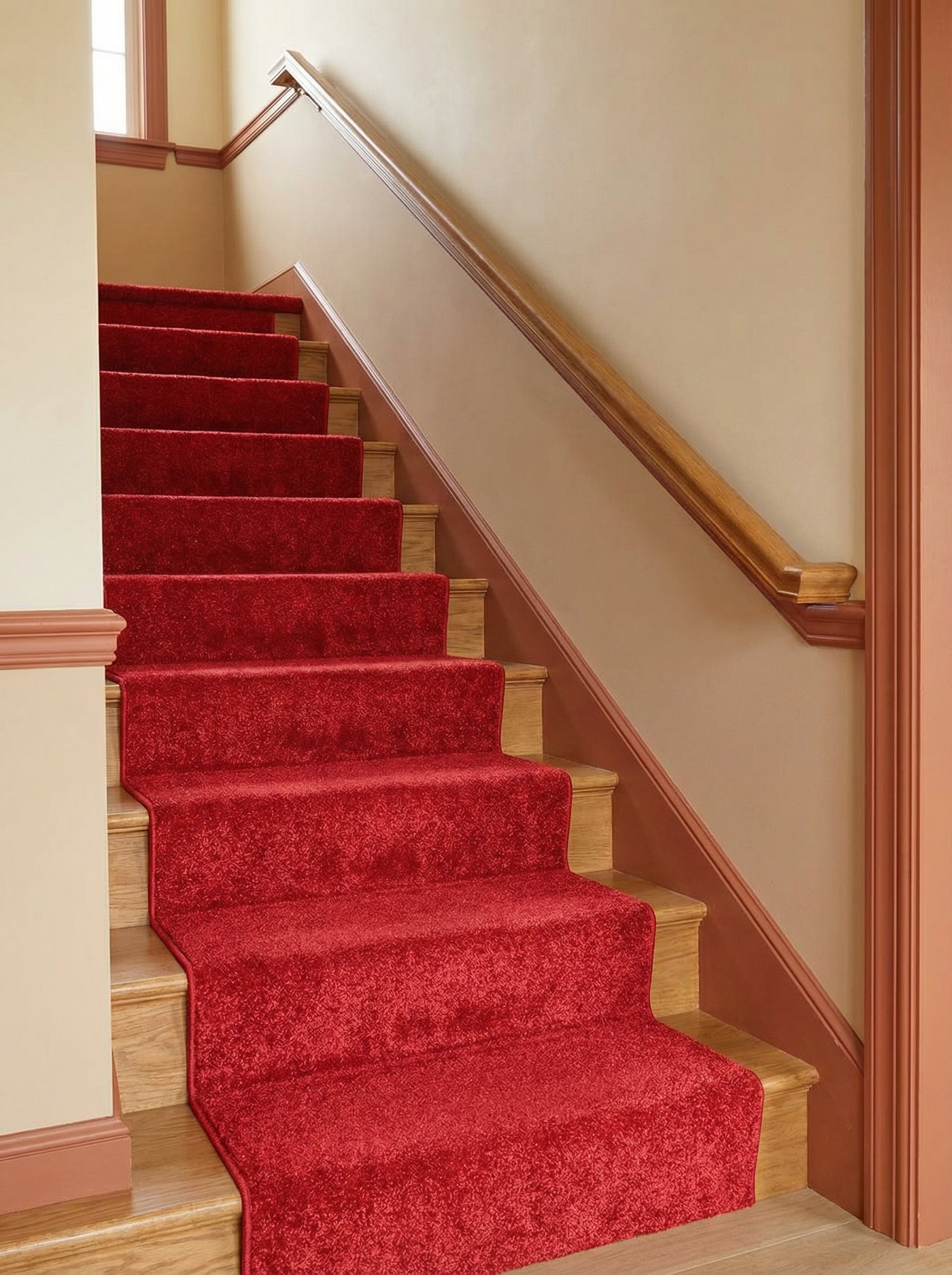 Tapis d'escalier rouge texturé recouvrant des marches en bois clair, dans une entrée ou un hall