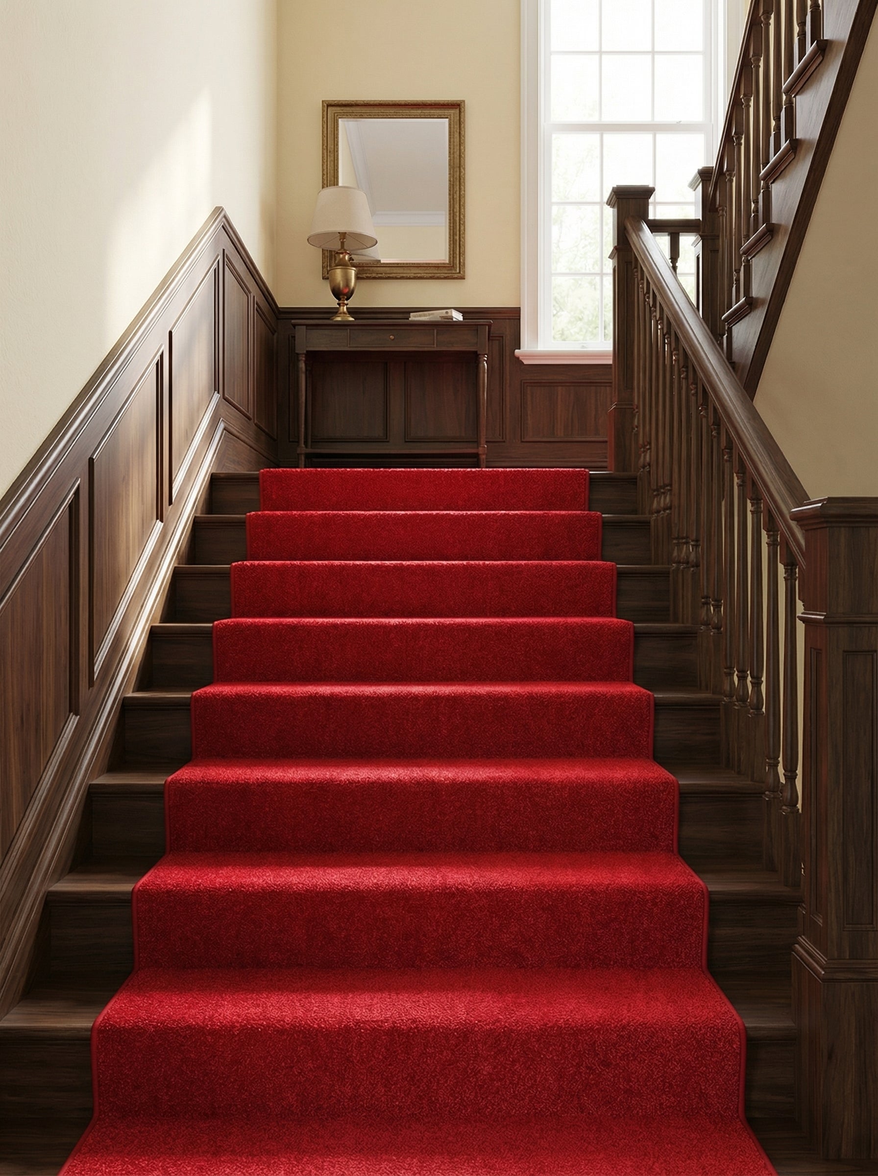 Tapis d'escalier rouge vif à motifs subtils recouvrant des marches en bois, dans un hall d'entrée élégant
