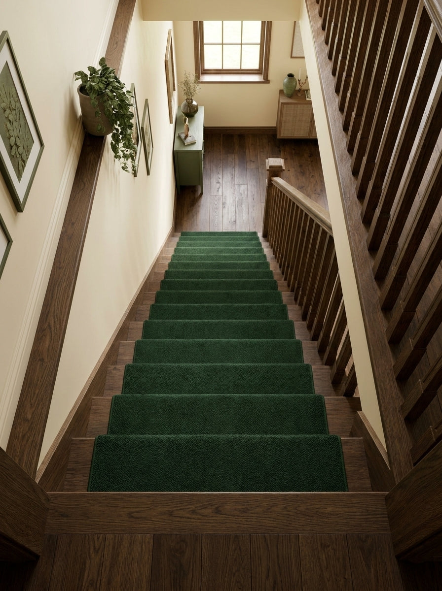 Tapis d'escalier texturé vert foncé sur le centre des marches en bois dans un hall d'entrée