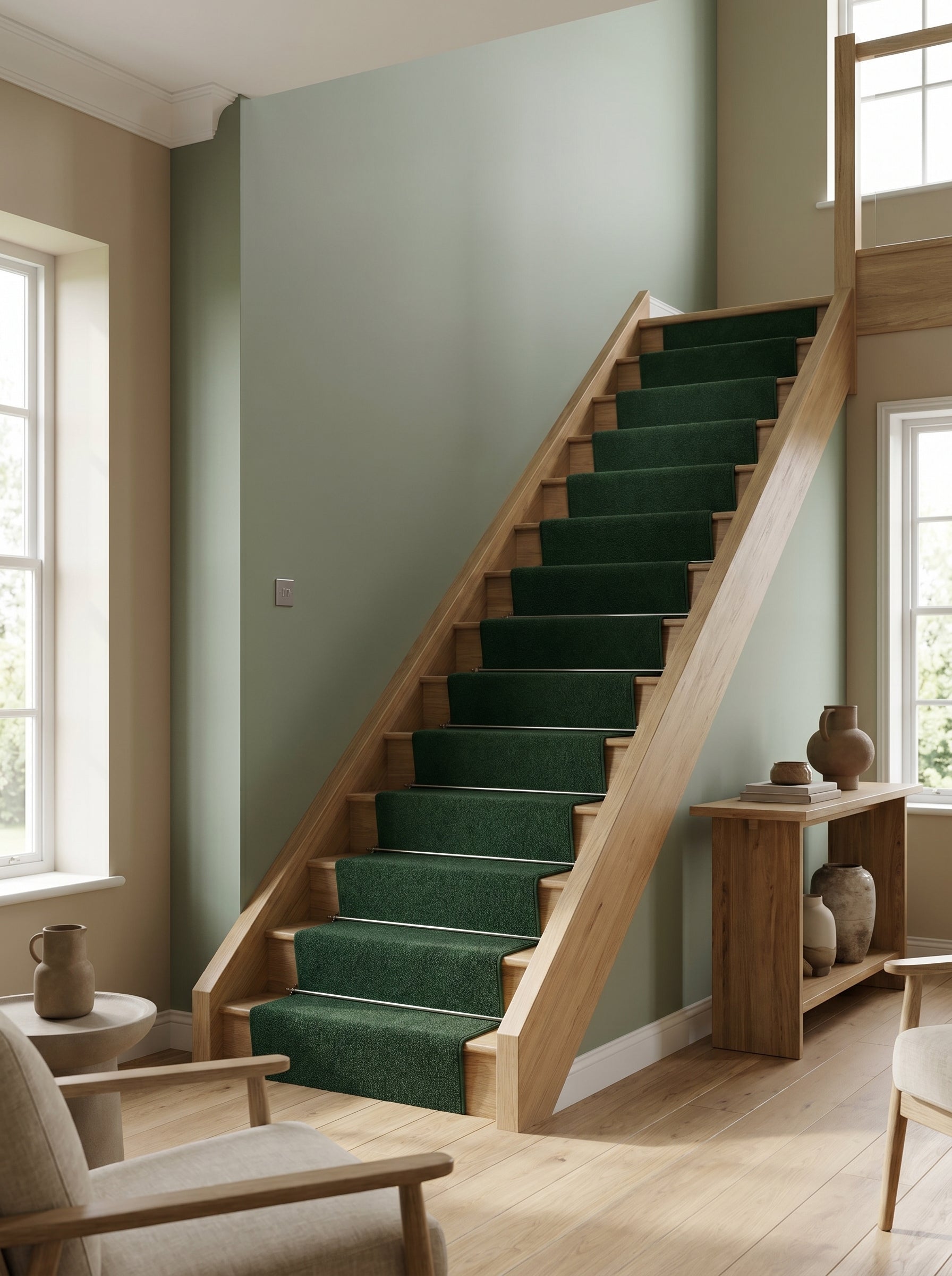 Tapis d'escalier en moquette vert forêt sur marches bois clair et barres argentées, dans une entrée lumineuse