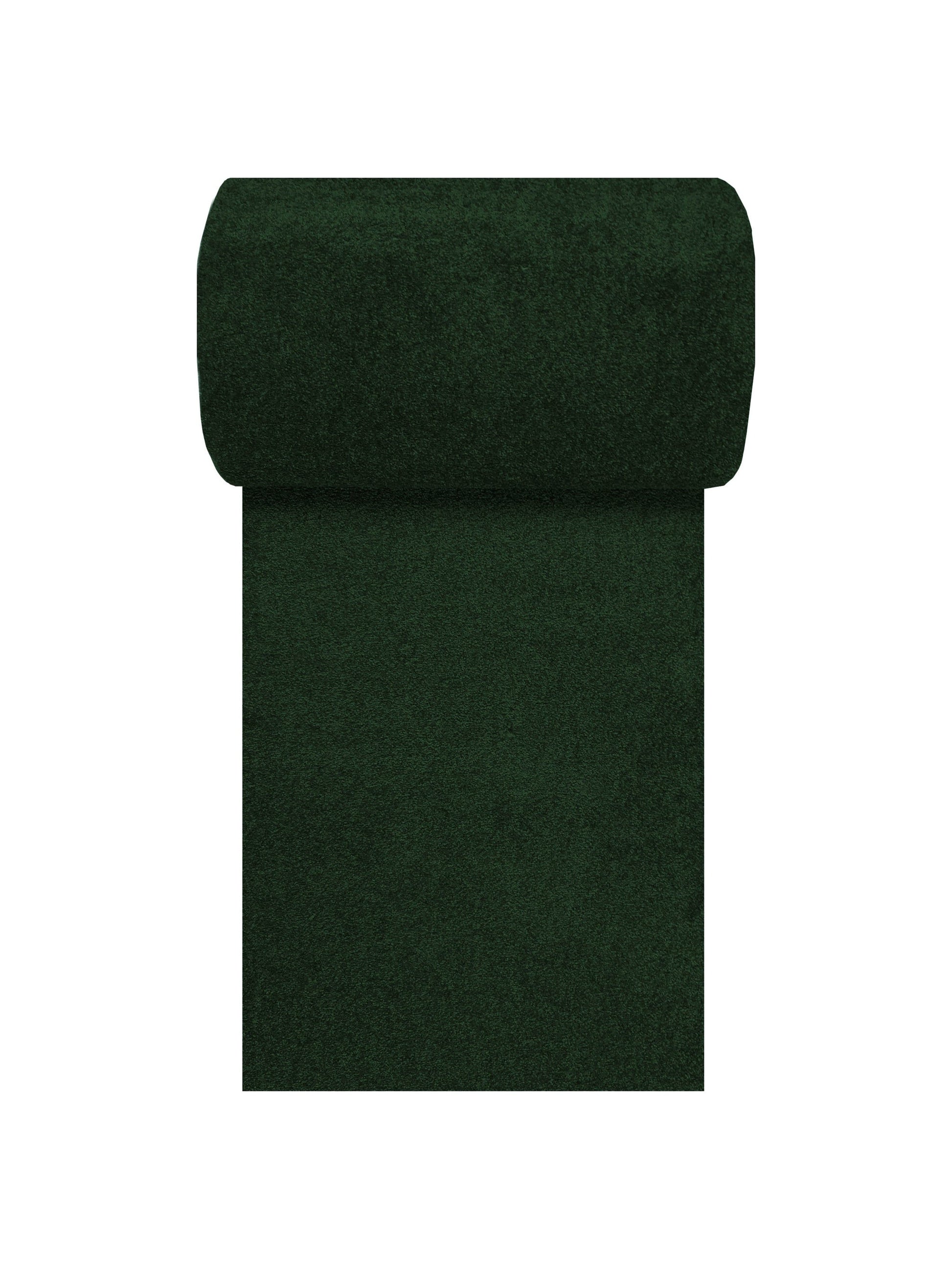 Rouleau de tissu vert forêt à texture douce et dense, partiellement déroulé sur un fond blanc