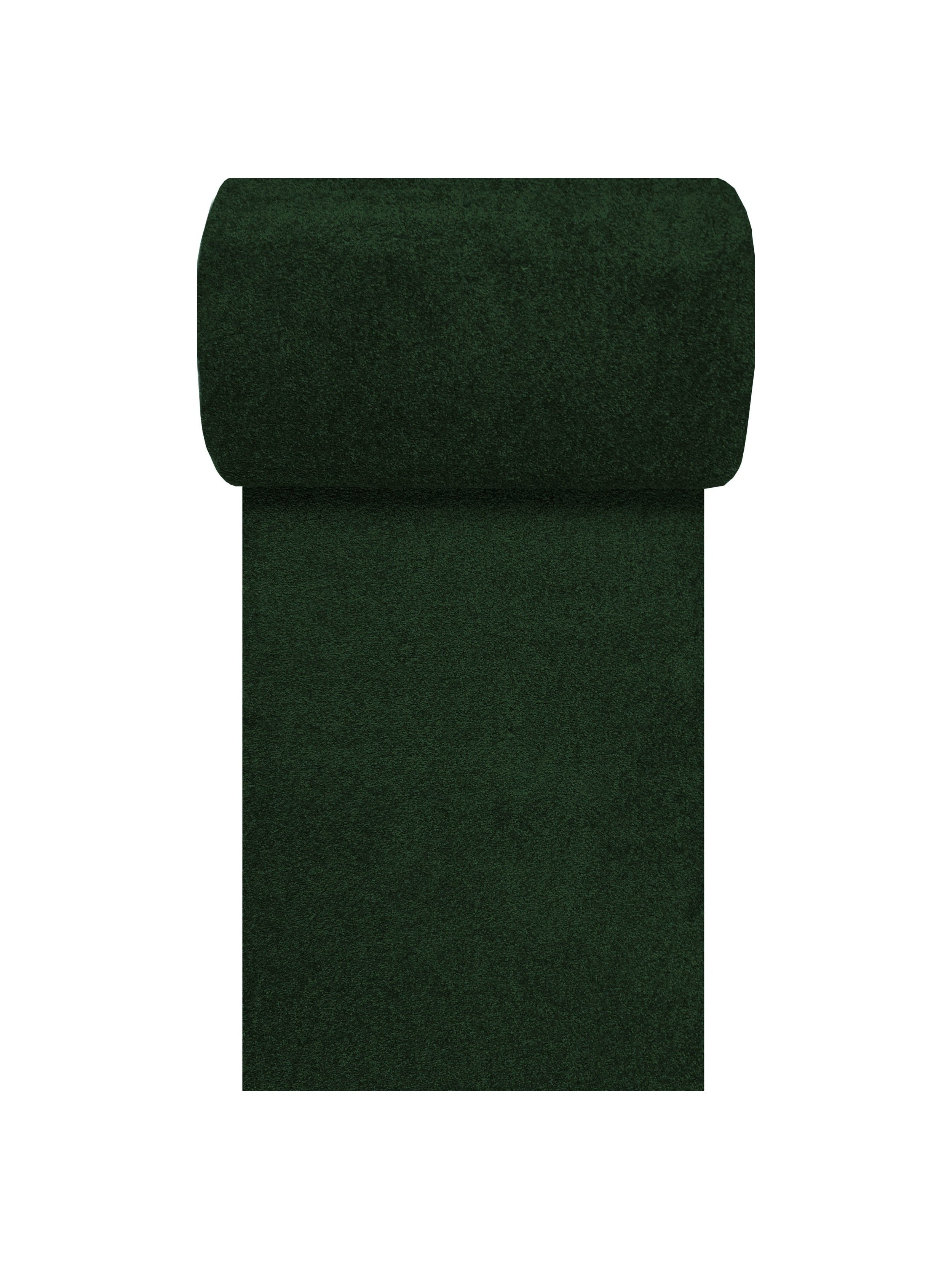 Rouleau de tissu vert forêt à texture douce et dense, partiellement déroulé sur un fond blanc