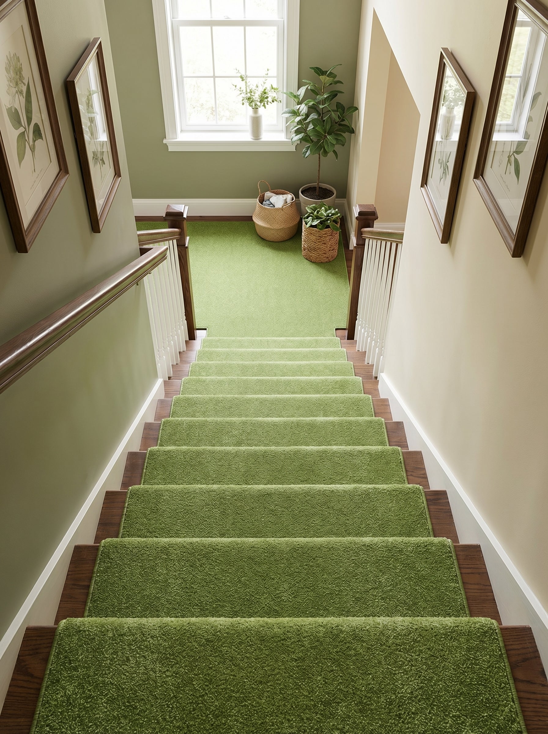 Moquette vert gazon couvrant les marches d'un escalier et un palier lumineux dans un hall d'entrée