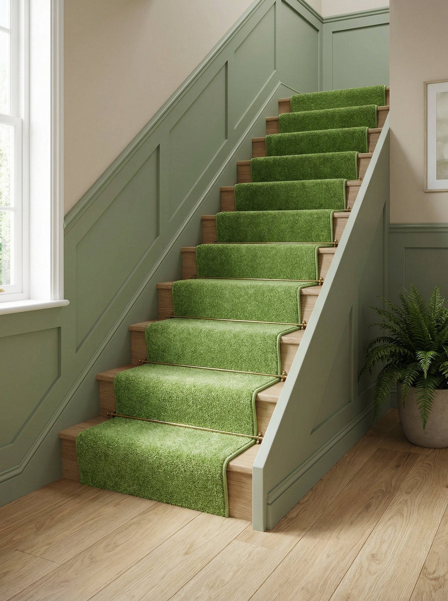 Tapis d'escalier vert vif en moquette épaisse, fixé par des barres dorées, sur des marches en bois clair dans un hall
