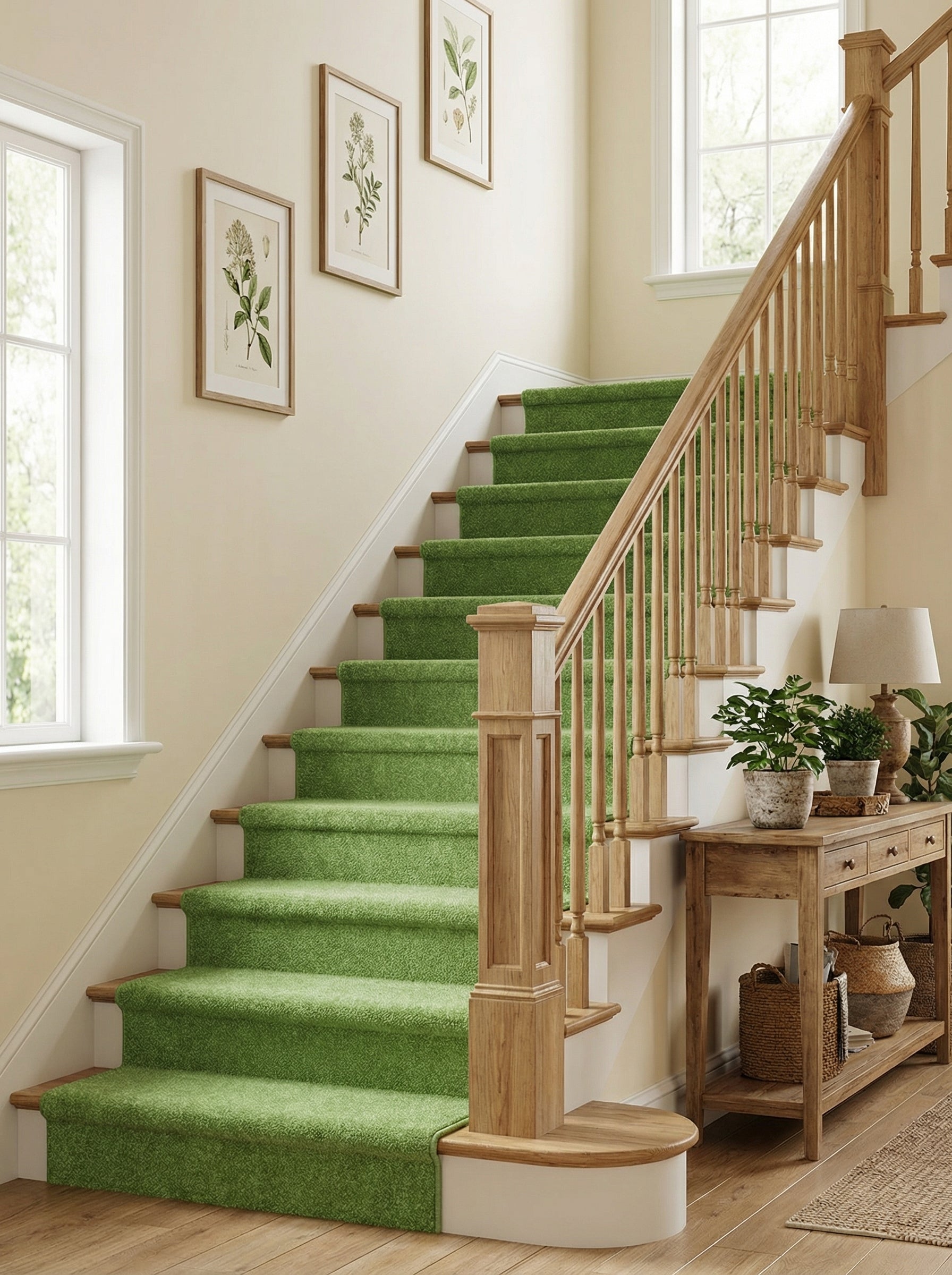 Tapis d'escalier vert herbe, épais et texturé, posé sur des marches en bois clair dans un hall d'entrée lumineux et accueillant