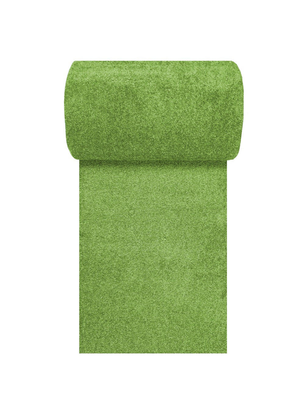 Un tapis vert à la texture douce et uniforme, partiellement déroulé sur un fond blanc