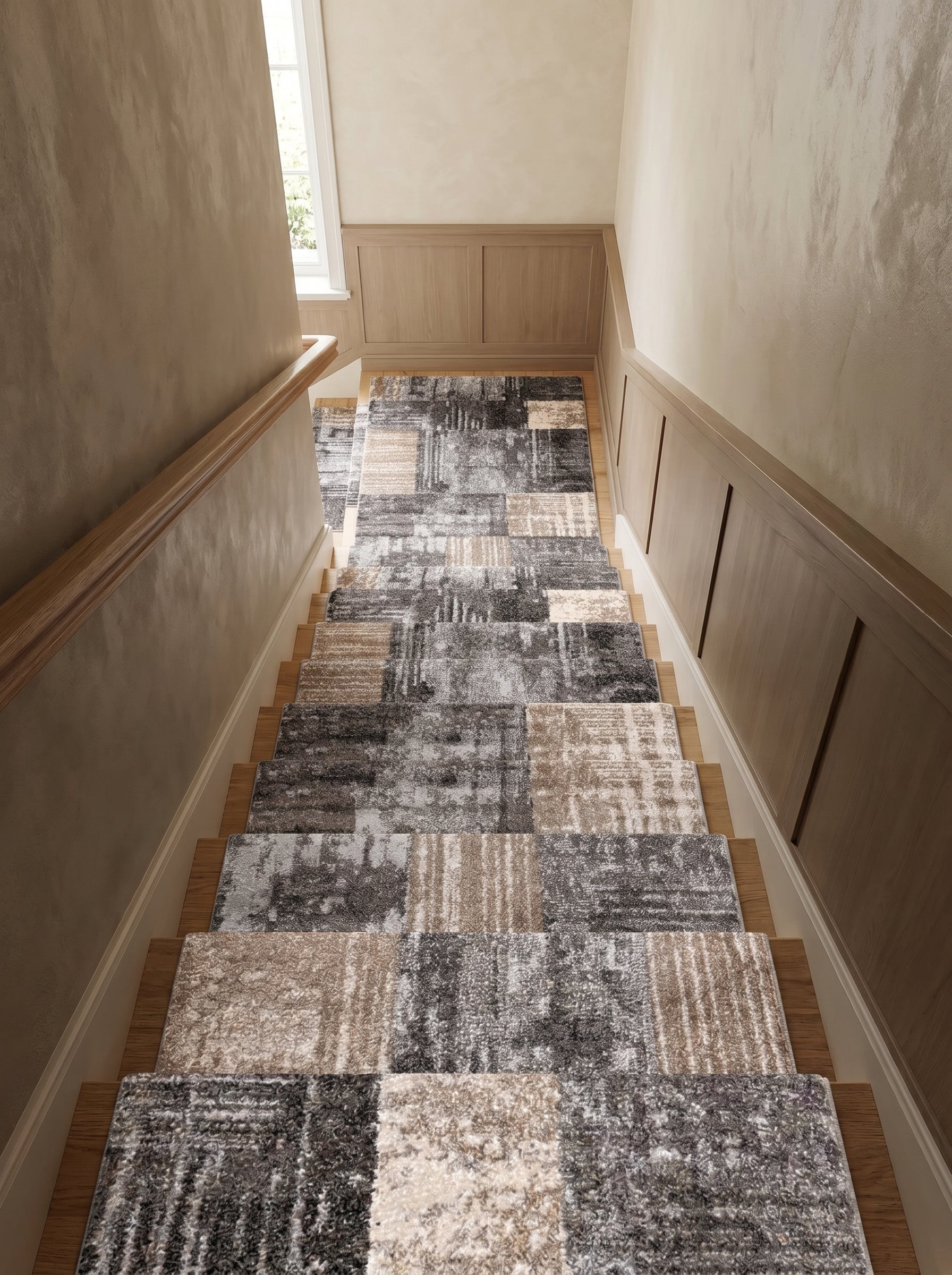 Tapis d'escalier abstrait, blocs texturés gris, beiges et crème sur des marches modernes