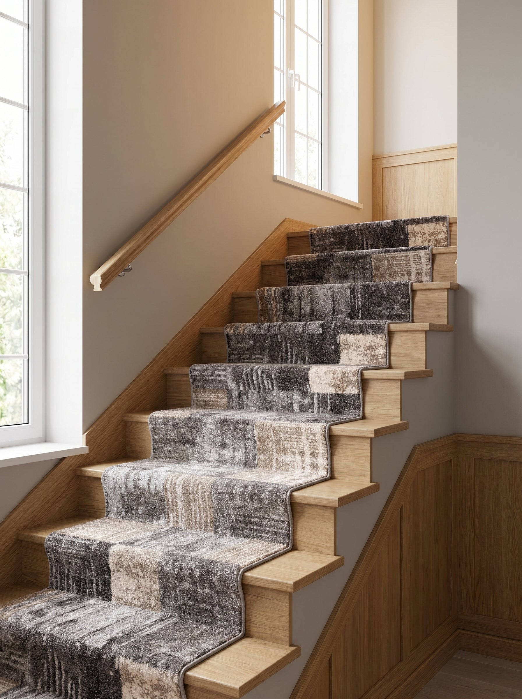 Tapis d'escalier abstrait gris, beige, crème sur marches en bois clair dans cage d'escalier lumineuse