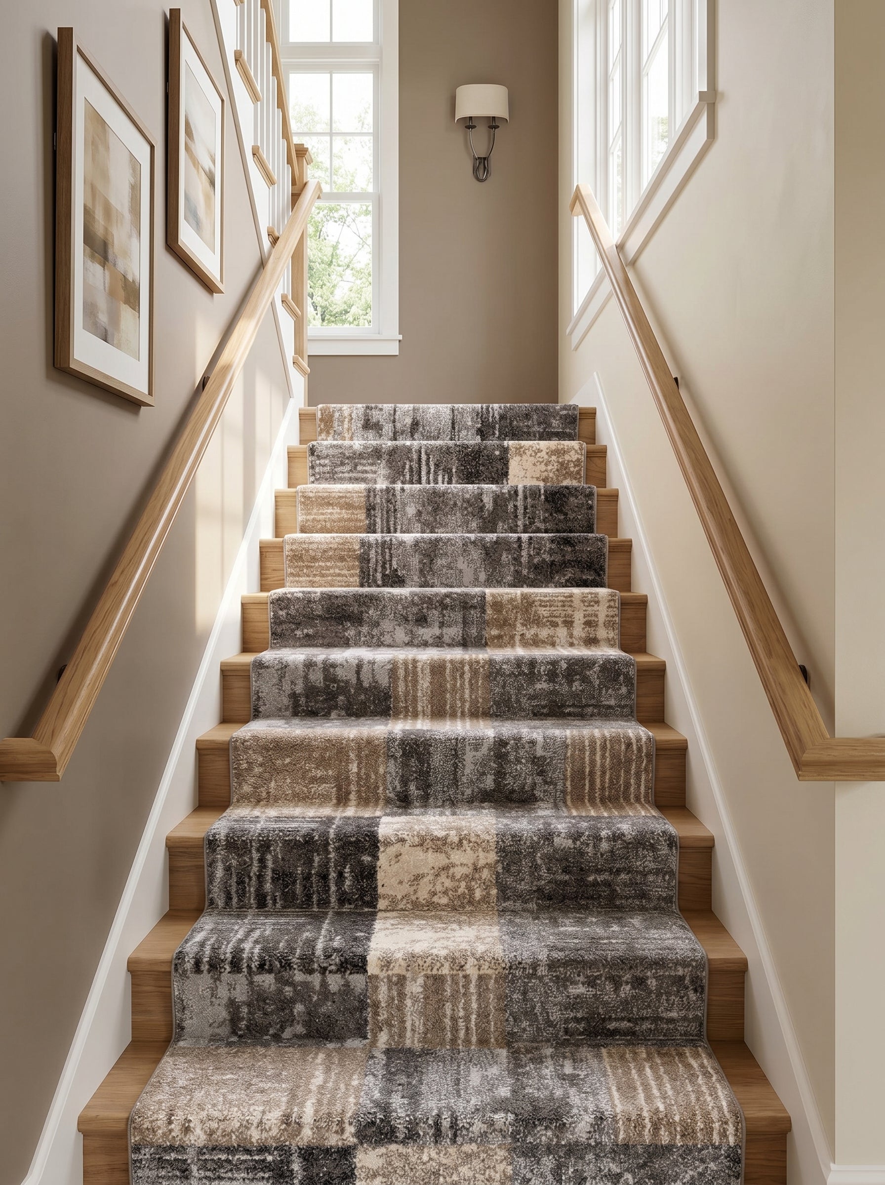 Tapis d'escalier en moquette douce à motifs abstraits de blocs gris foncés, beiges et clairs sur marches bois d'un hall