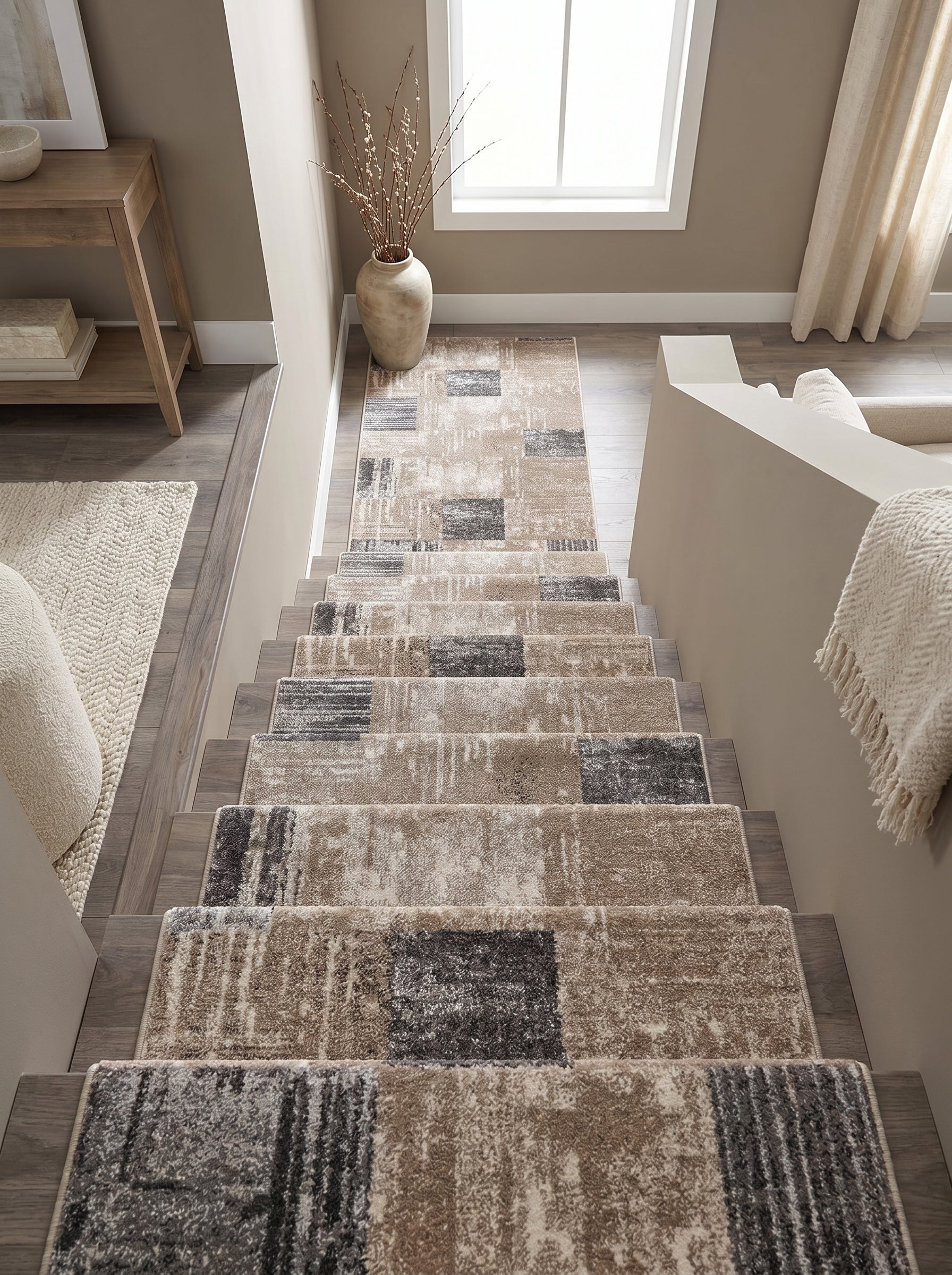 Tapis escalier et couloir beige, gris, marron, à motifs de blocs abstraits et aspect vieilli en entrée lumineuse