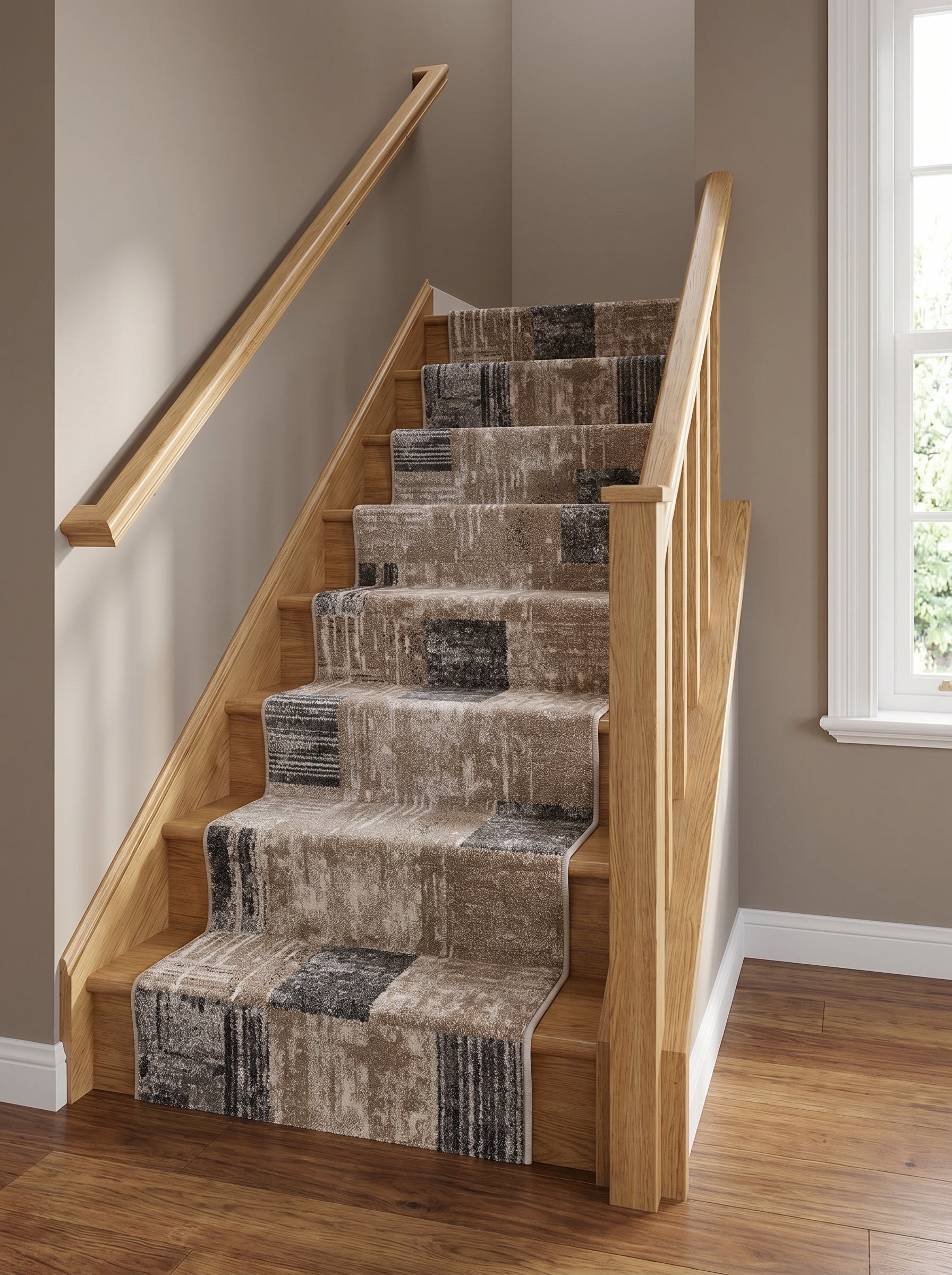 Tapis d'escalier beige et gris foncé aux motifs abstraits patchwork sur marches en bois clair, hall d'entrée