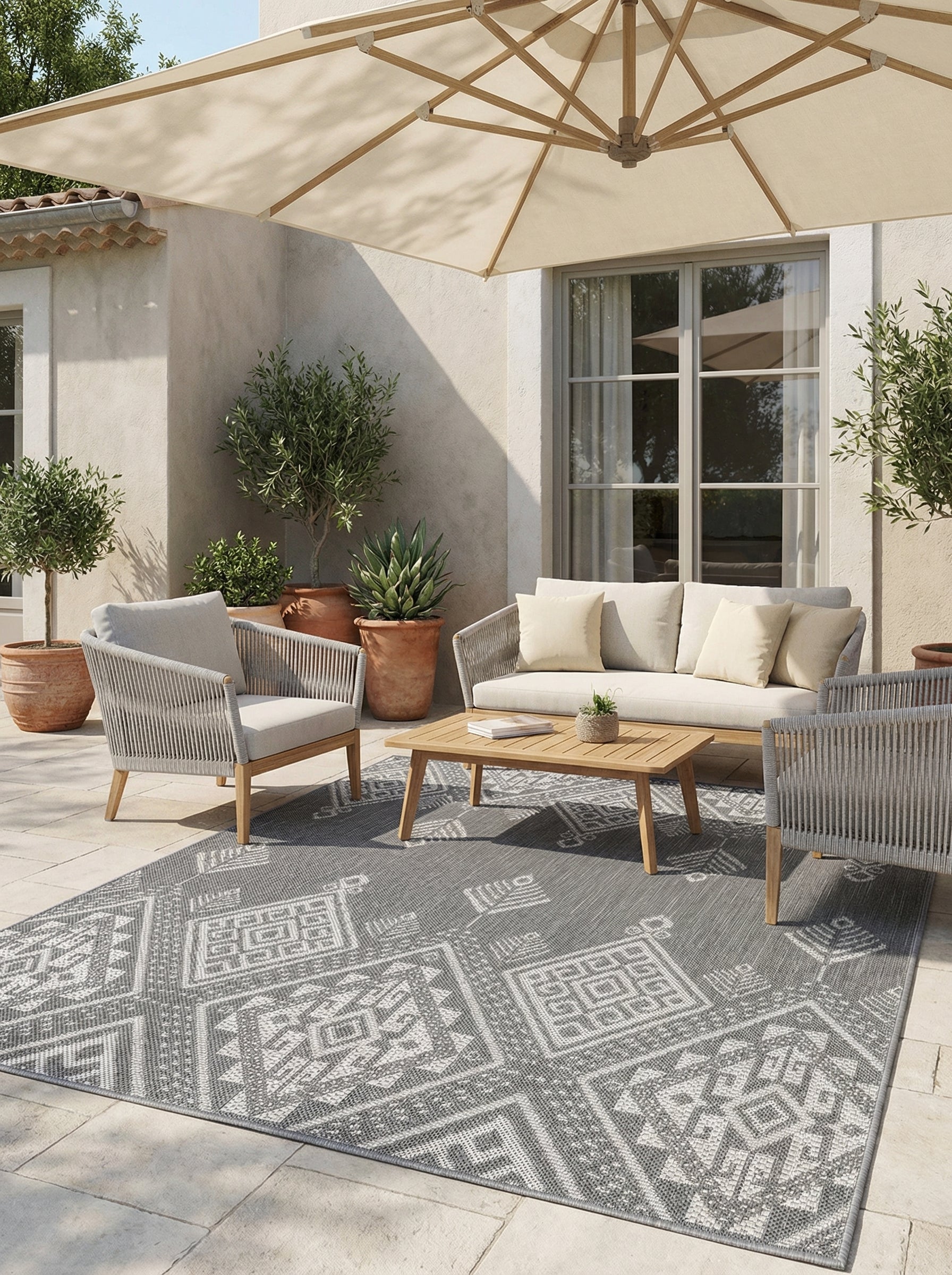 Tapis rectangulaire gris aux motifs géométriques blancs, posé sur une terrasse extérieure