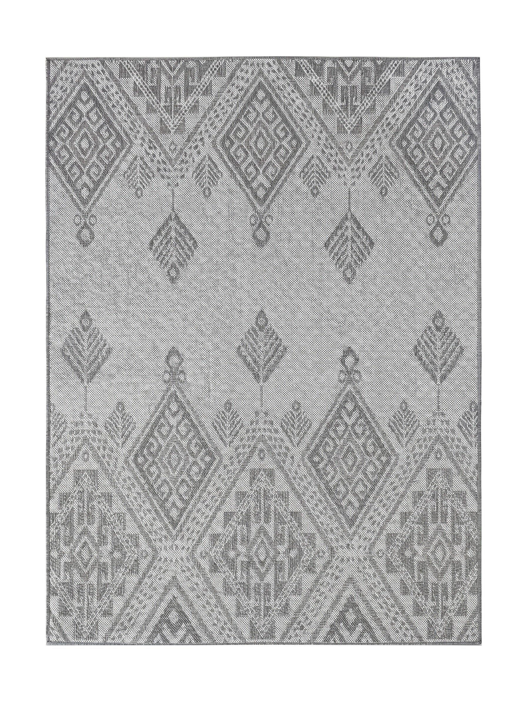 Tapis rectangulaire tissé aux motifs géométriques complexes dans des nuances de gris clair et foncé