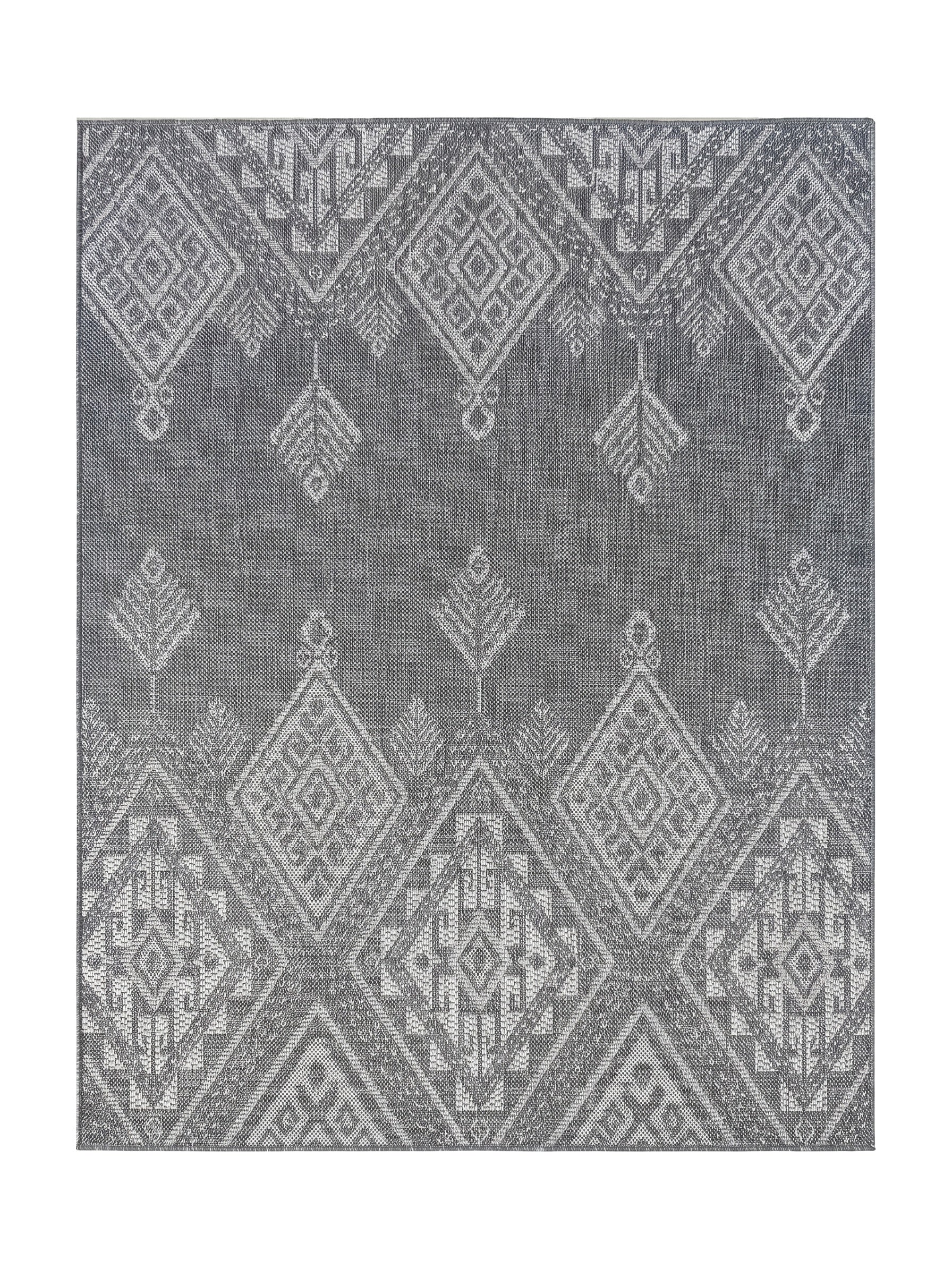 Tapis gris foncé et clair avec des motifs géométriques tissés composés de losanges, triangles et ornements ethniques