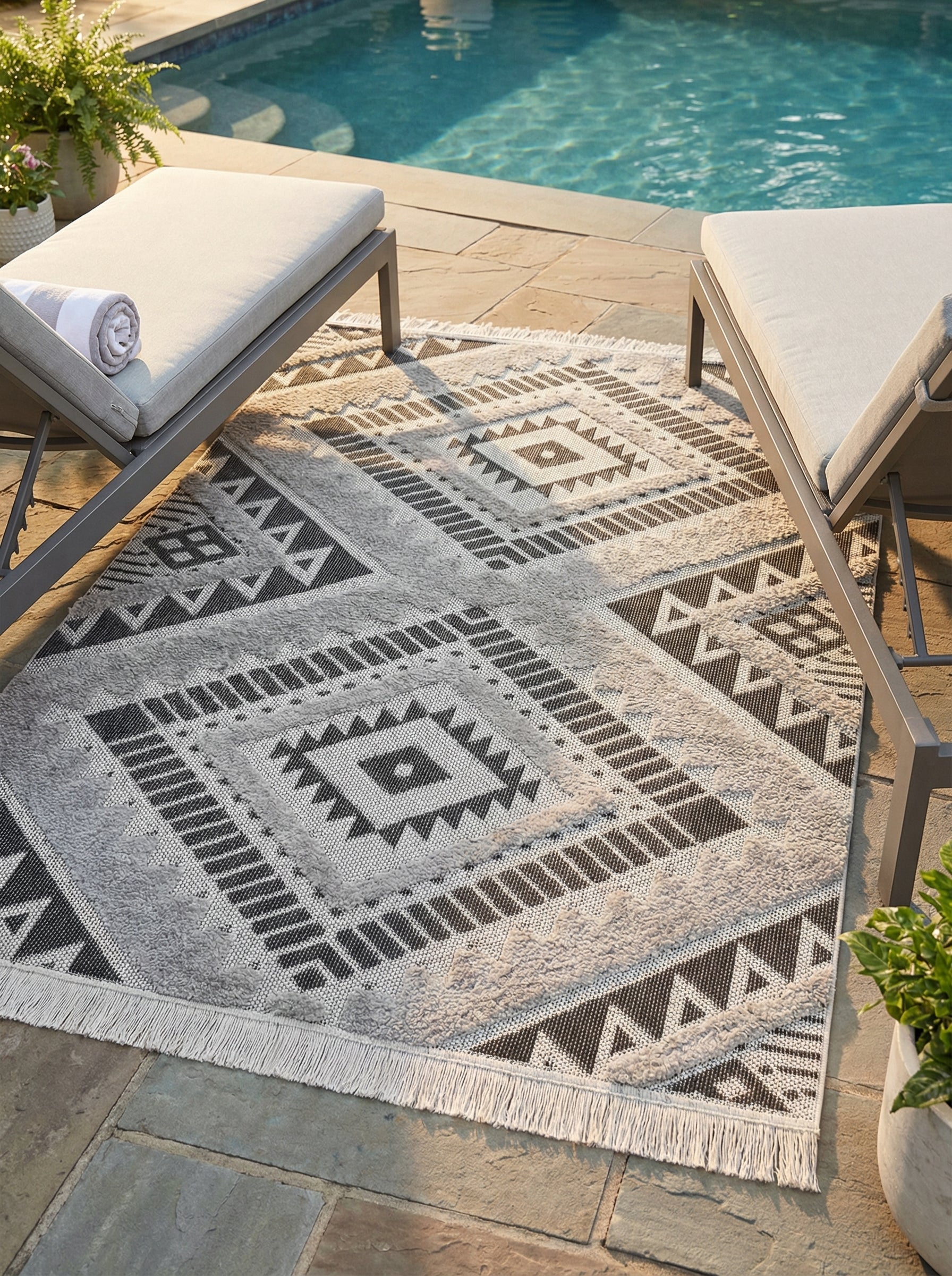 Tapis rectangulaire gris clair et gris foncé à motifs géométriques contrastants et texture variée, sur une terrasse près d'une piscine