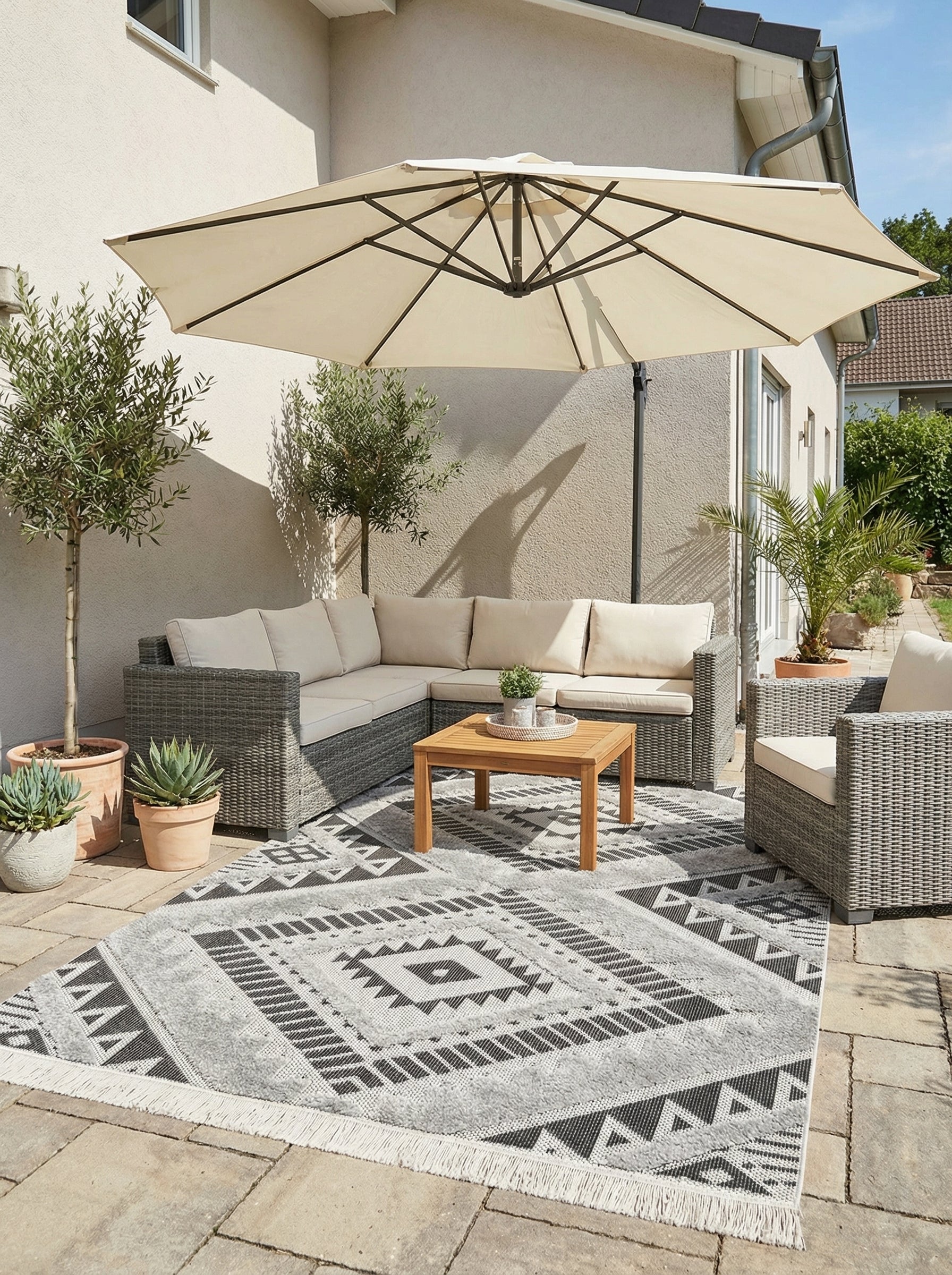 Tapis rectangulaire tissé gris clair et foncé à motifs géométriques ethniques avec franges claires, sur une terrasse
