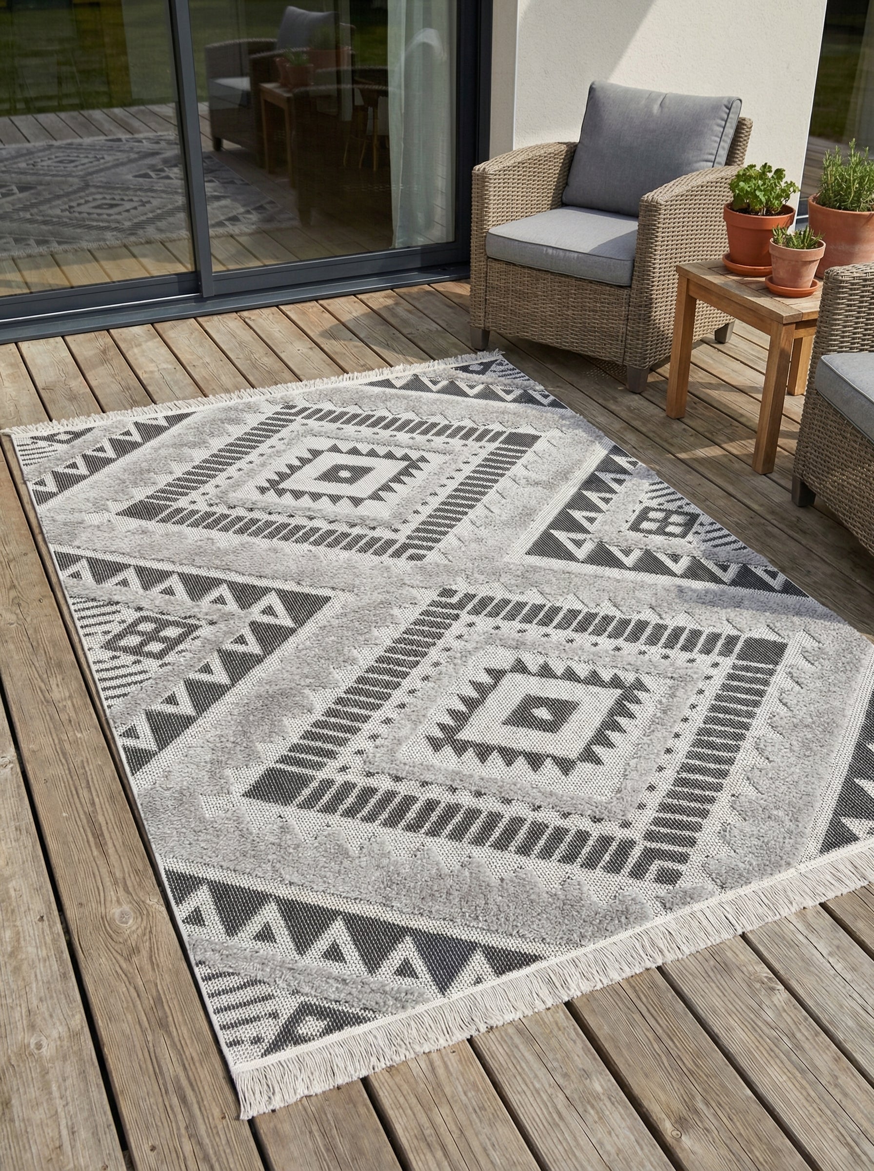 Tapis rectangulaire texturé gris clair et foncé à motifs géométriques ethniques, frangé, dans un espace de vie