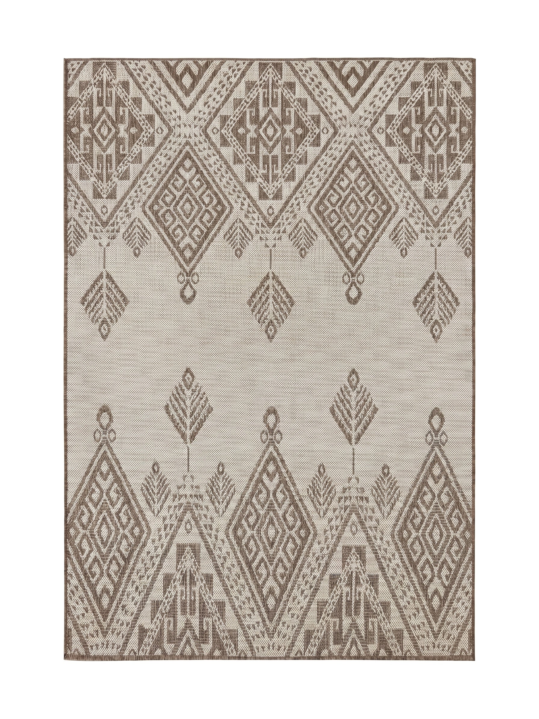 Tapis tissé beige avec des motifs géométriques ethniques en brun, comprenant des losanges et des triangles