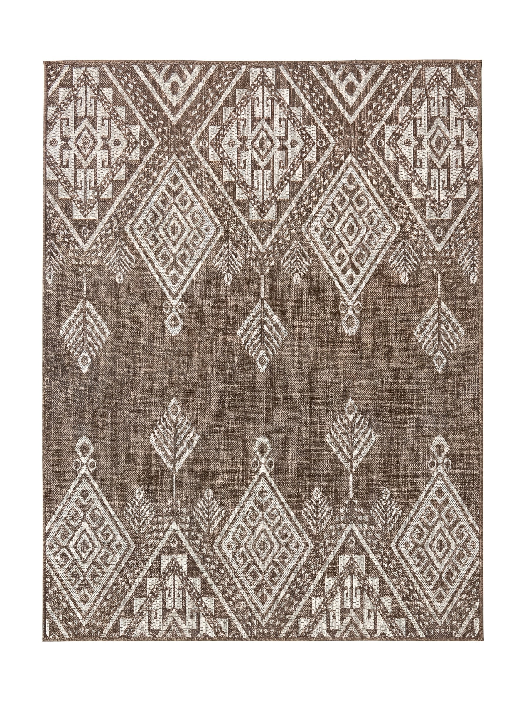 Tapis tissé marron et blanc cassé, orné de motifs géométriques complexes comprenant des losanges et des formes stylisées