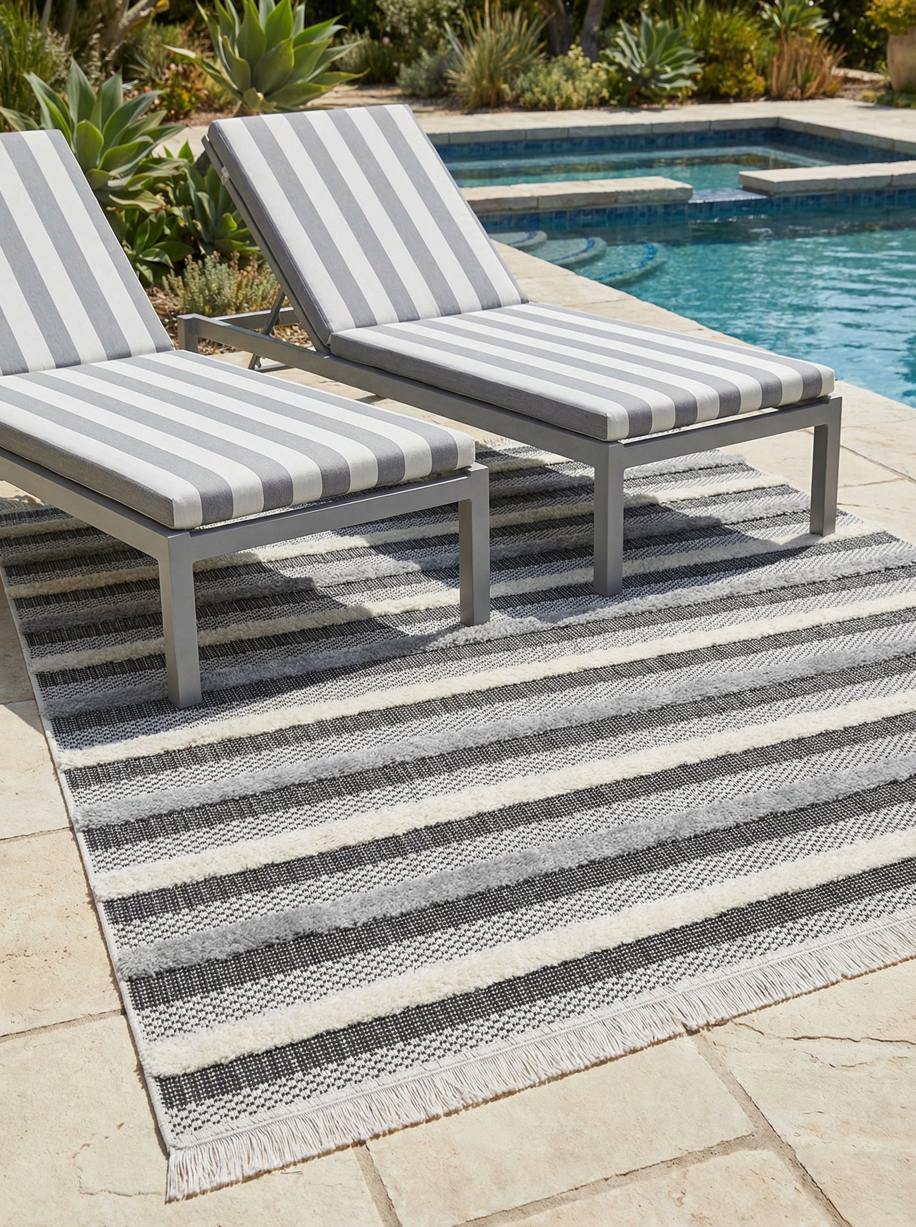 Tapis rectangulaire à rayures horizontales noires, grises et écrues, avec des bouclettes et franges, posé sur un patio près d'une piscine