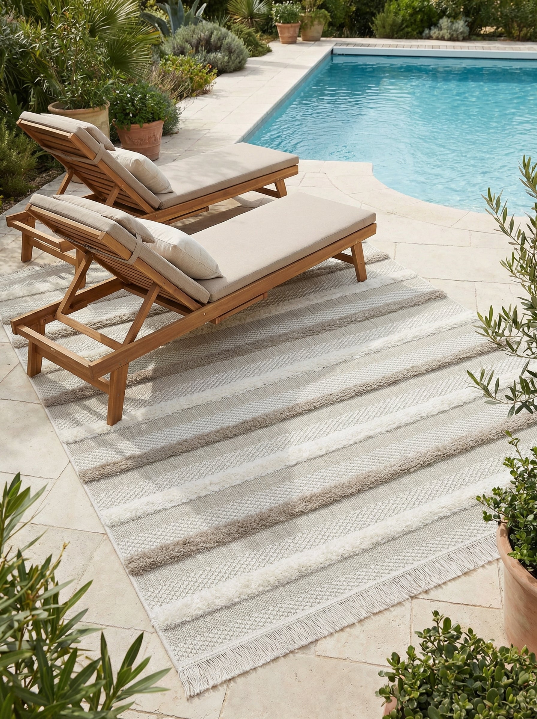 Tapis rectangulaire aux rayures horizontales alternant beige clair lisse et beige plus foncé touffu, avec franges, posé sur une terrasse près d'une piscine