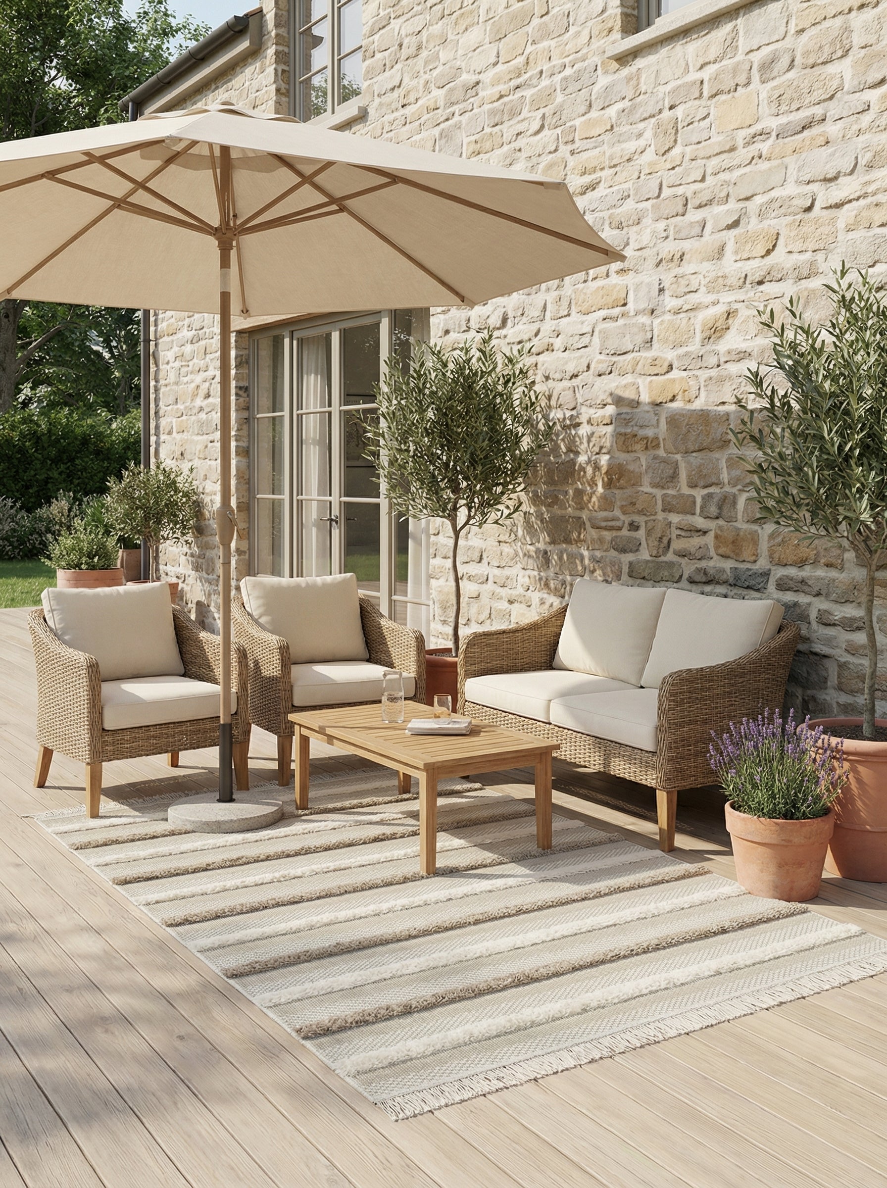 Tapis rectangulaire tissé beige et crème à rayures horizontales, alternant motifs chevrons plats et textures shaggy, sur une terrasse