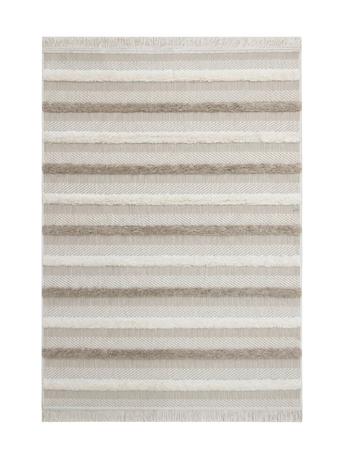Tapis à rayures horizontales beiges, crème et marron clair avec des textures variées et des franges