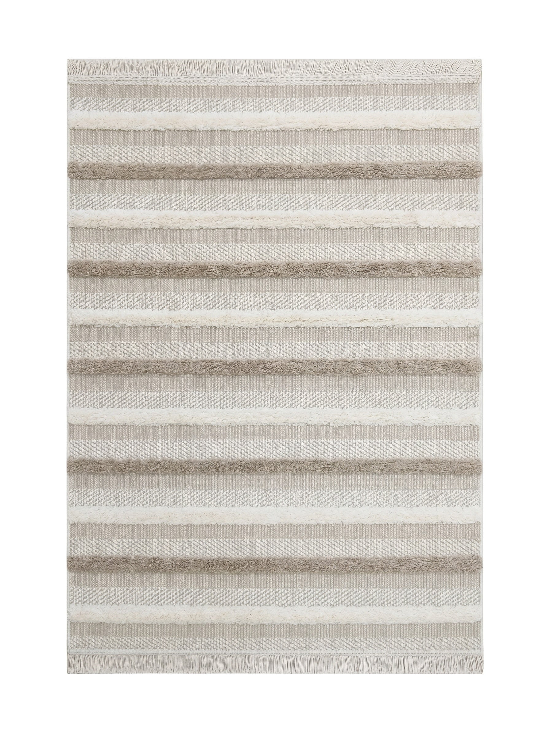 Tapis à rayures horizontales beiges, crème et marron clair avec des textures variées et des franges