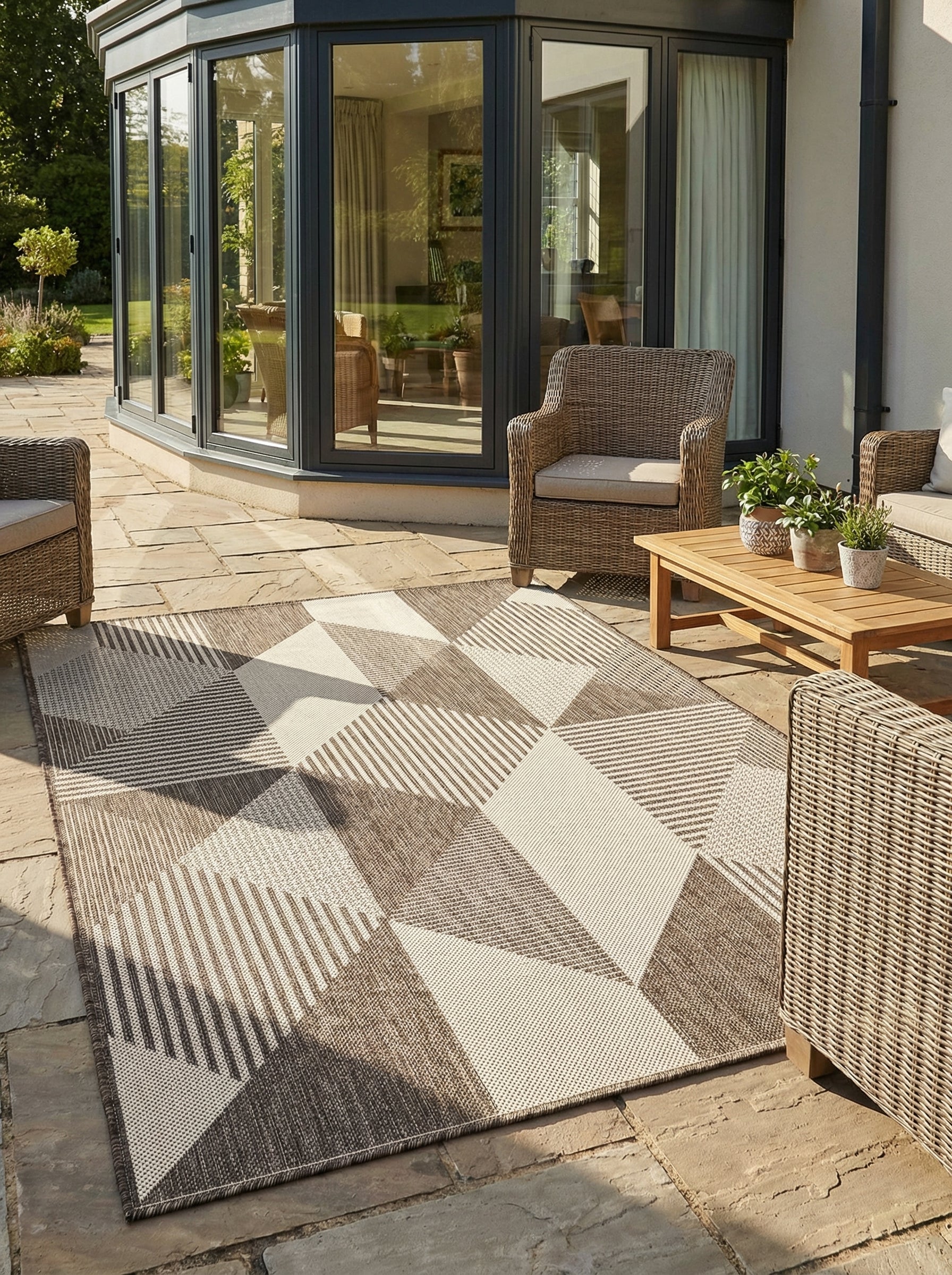 Tapis rectangulaire tissé crème et marron avec des motifs géométriques à triangles et rayures, posé sur une terrasse en pierre