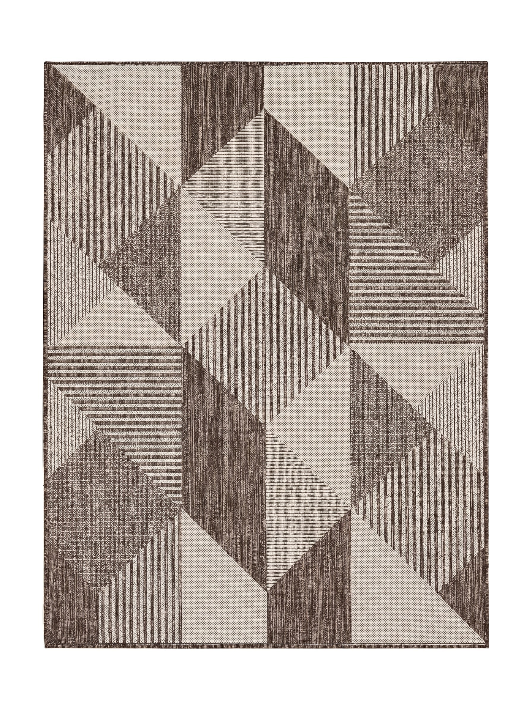 Tapis aux motifs géométriques marron et beige clair, composé de formes variées avec des textures tissées différentes