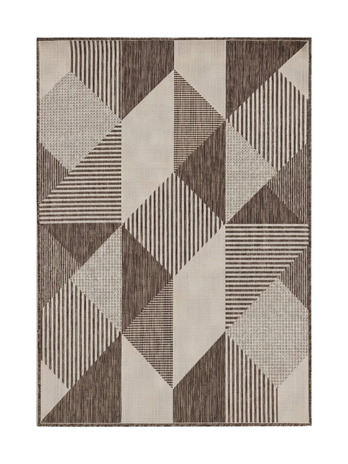 Tapis rectangulaire aux motifs géométriques marron foncé, marron clair et beige, avec des zones unies, rayées ou pointillées