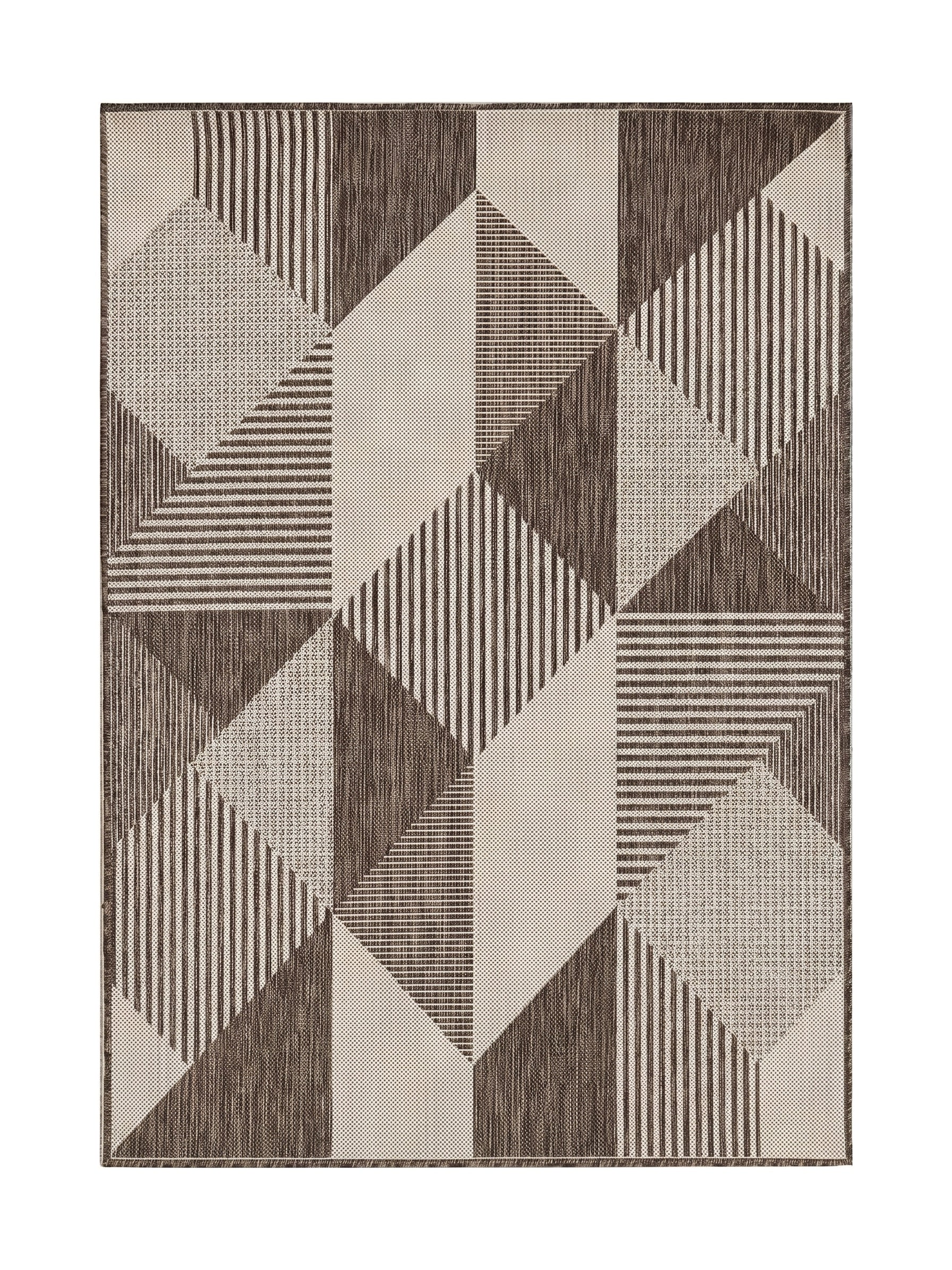 Tapis rectangulaire aux motifs géométriques marron foncé, marron clair et beige, avec des zones unies, rayées ou pointillées