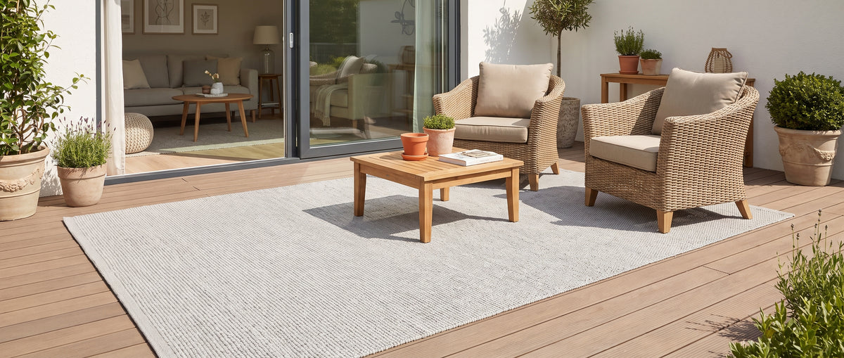 Le tapis rectangulaire gris clair affiche un motif de lignes subtiles sur la terrasse en bois