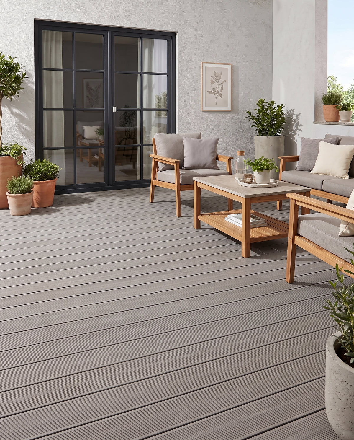 Terrasse aménagée sans tapis, avec un sol en lames grises, mobilier de jardin en bois clair et verdure