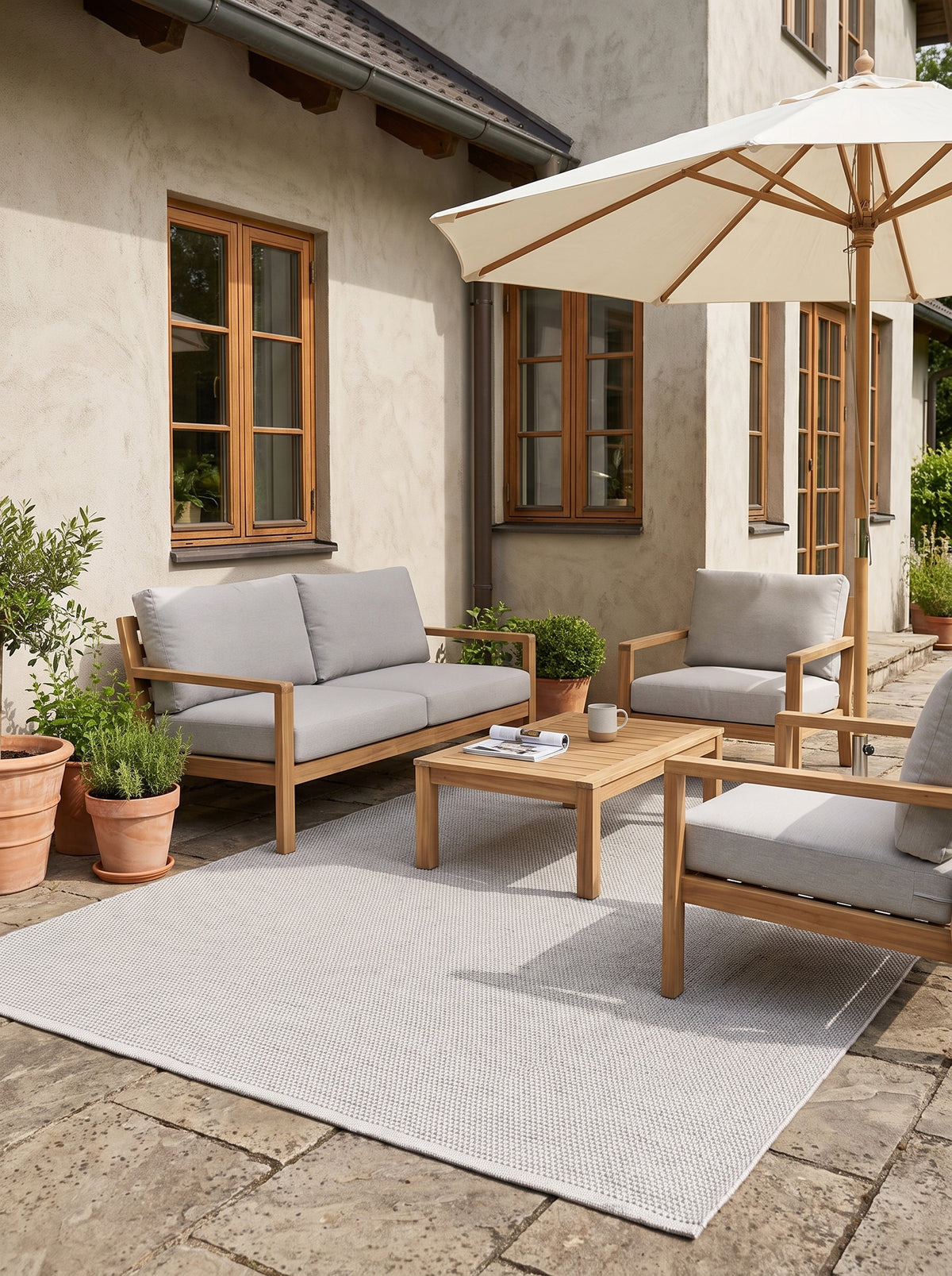 De couleur gris clair, ce tapis d'extérieur rectangulaire au tissage fin est posé sur un sol en pierres